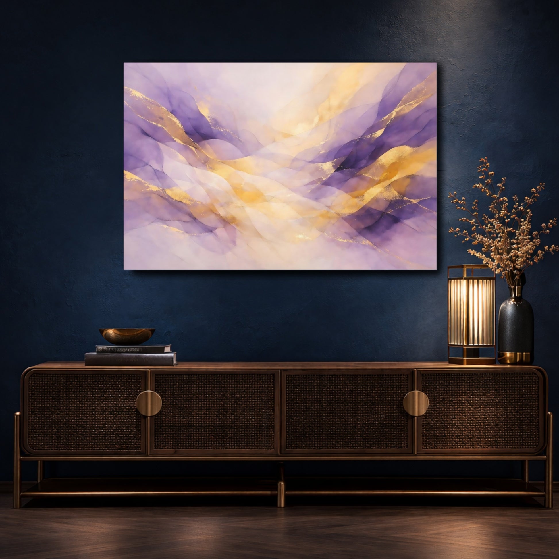 Mockup 4. Abstract Ink Waves Purple And Gold shown as stretched canvas wall art