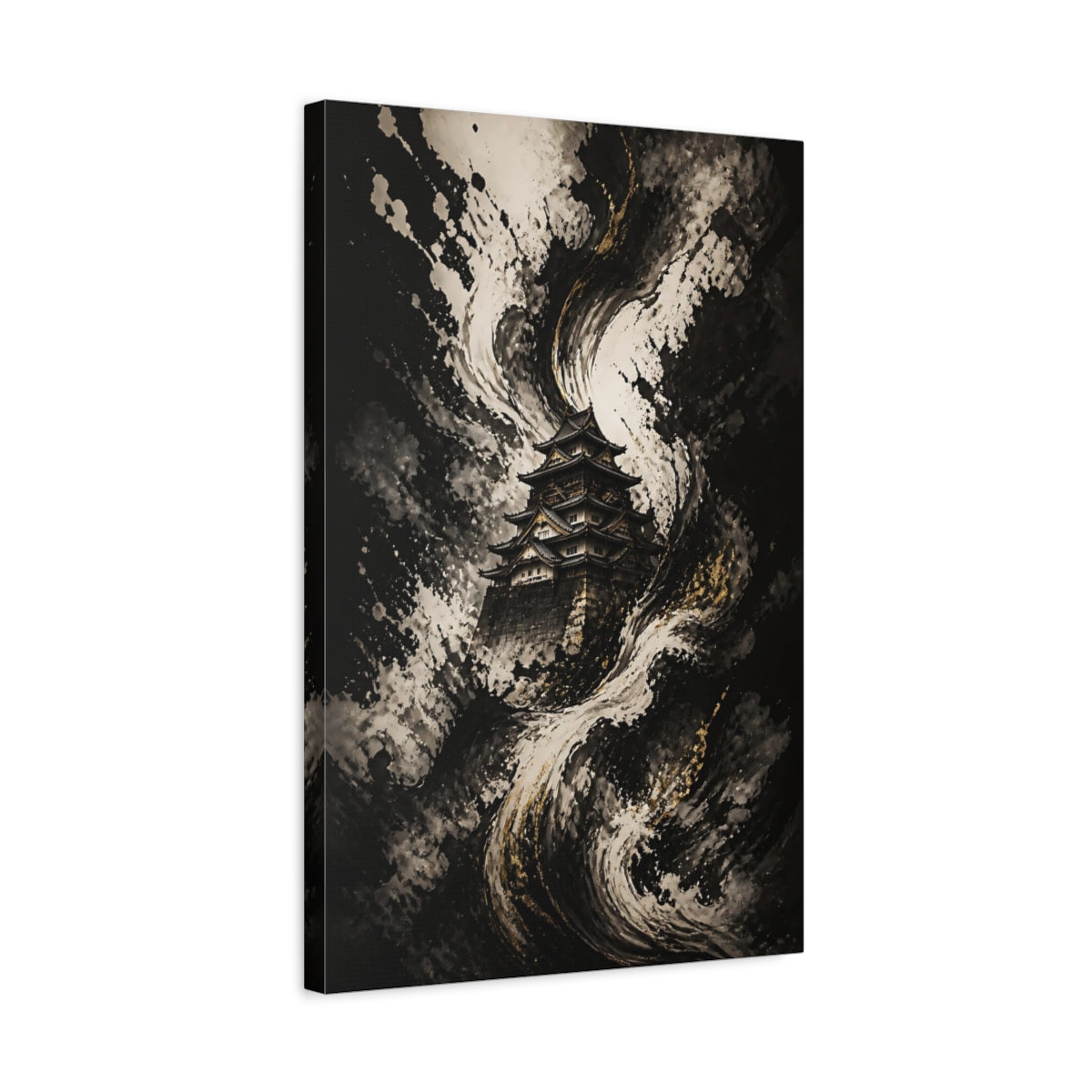 Side Mockup 3. Abstract Japanese Castle Black White Gold Castle shown as stretched canvas wall art