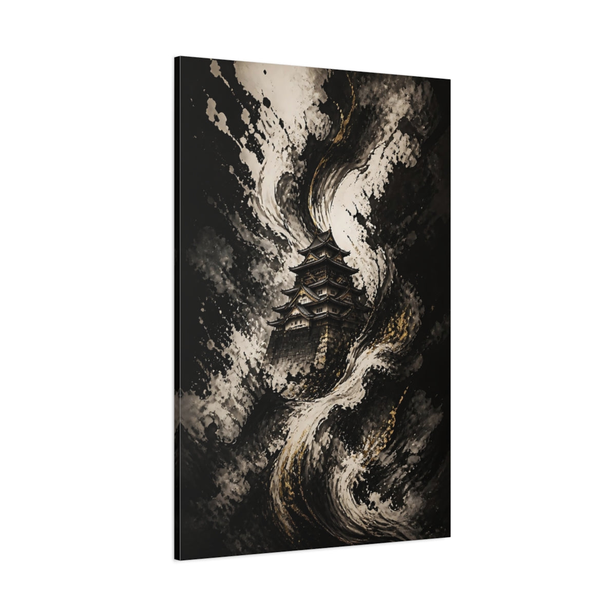 Side Mockup 1. Abstract Japanese Castle Black White Gold Castle shown as stretched canvas wall art