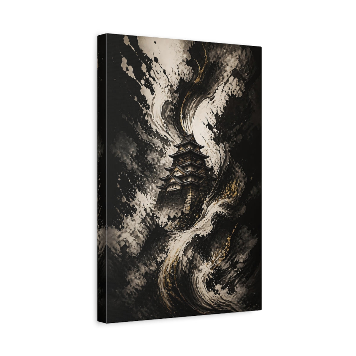 Side Mockup 4. Abstract Japanese Castle Black White Gold Castle shown as stretched canvas wall art