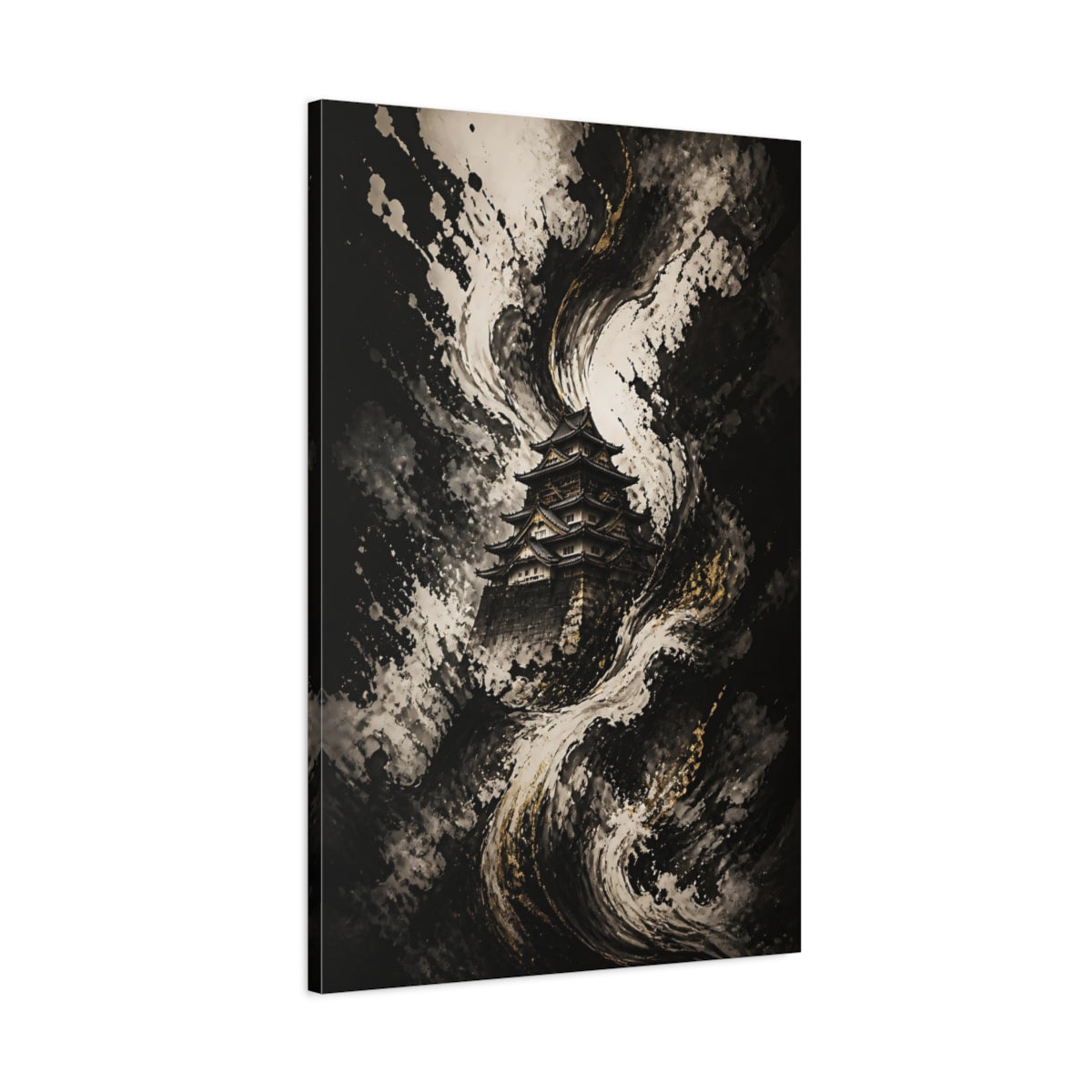 Main Mockup. Abstract Japanese Castle Black White Gold Castle shown as stretched canvas wall art