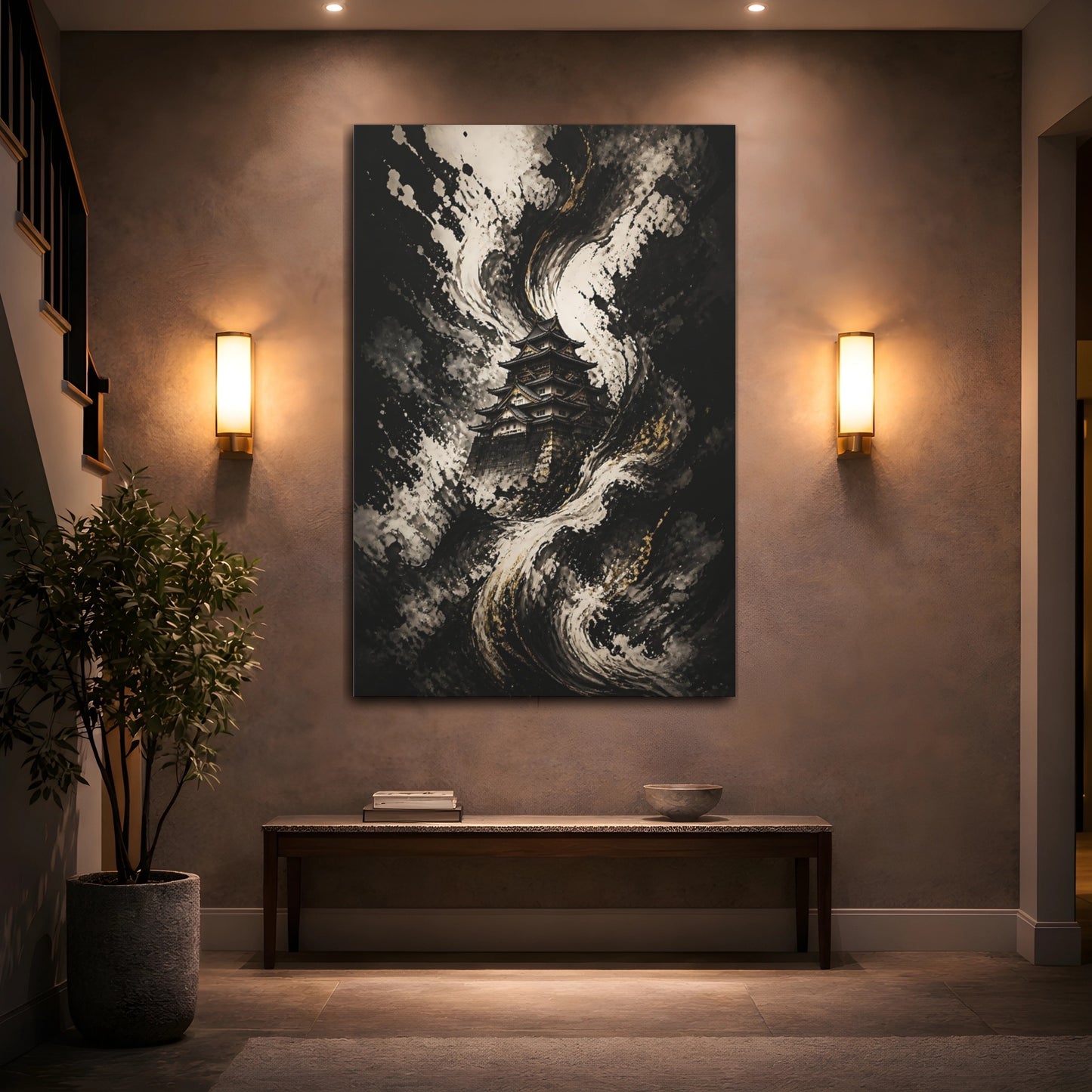 Mockup 2. Abstract Japanese Castle Black White Gold Castle shown as stretched canvas wall art