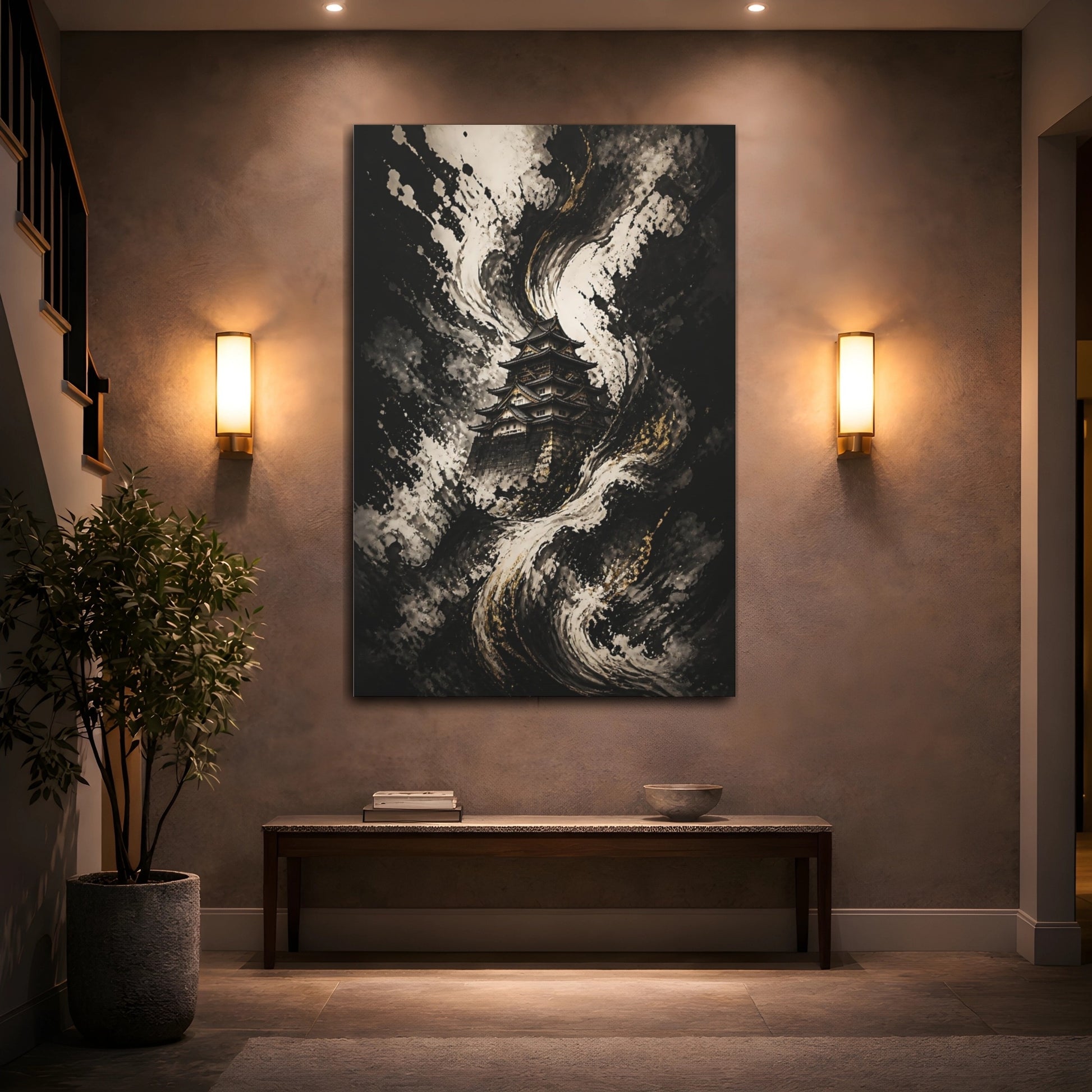 Mockup 2. Abstract Japanese Castle Black White Gold Castle shown as stretched canvas wall art