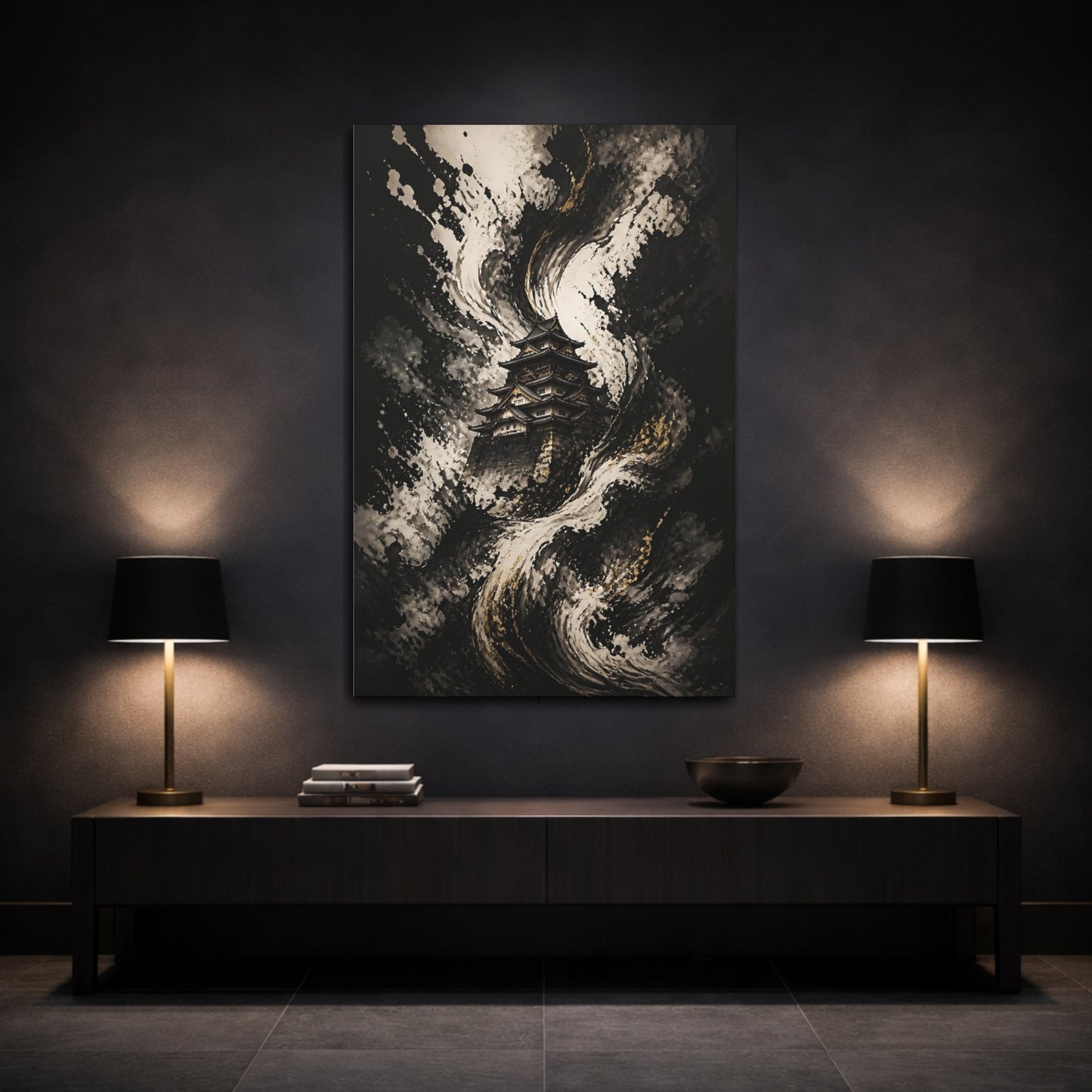 Mockup 3. Abstract Japanese Castle Black White Gold Castle shown as stretched canvas wall art