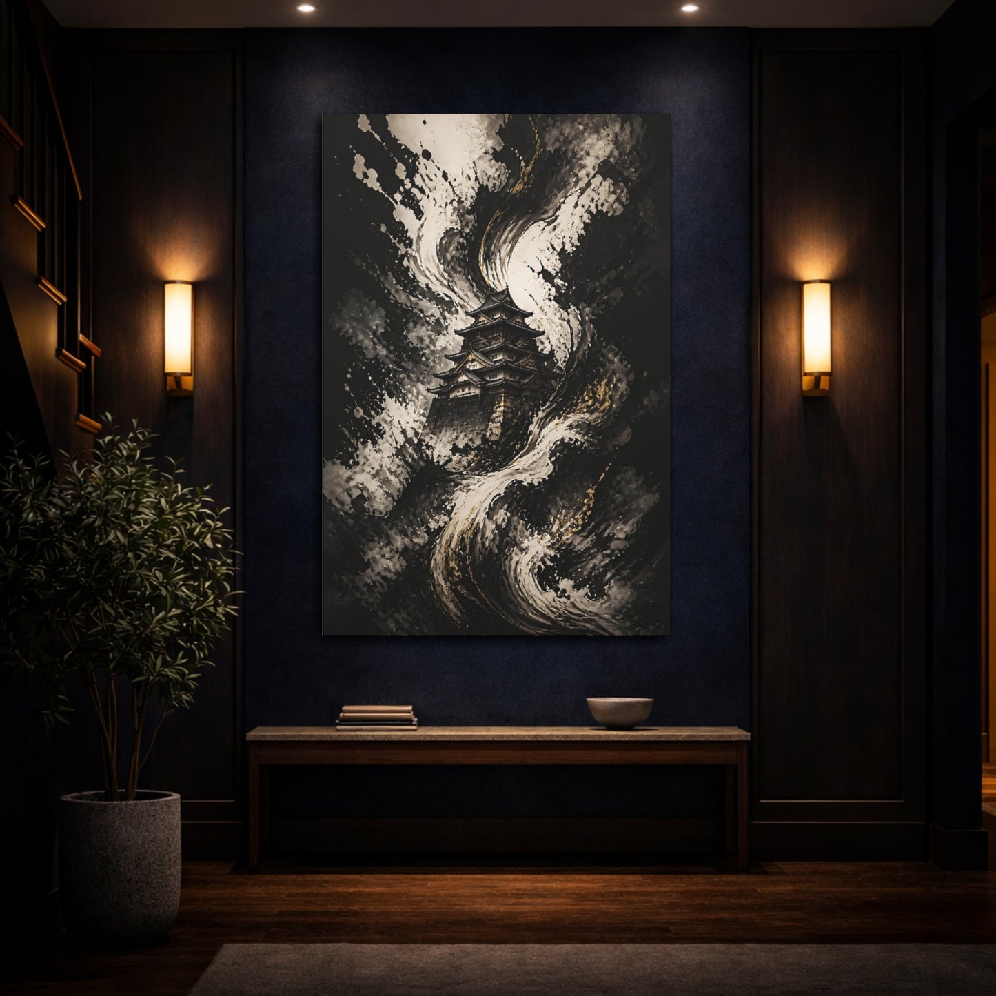 Mockup 4. Abstract Japanese Castle Black White Gold Castle shown as stretched canvas wall art