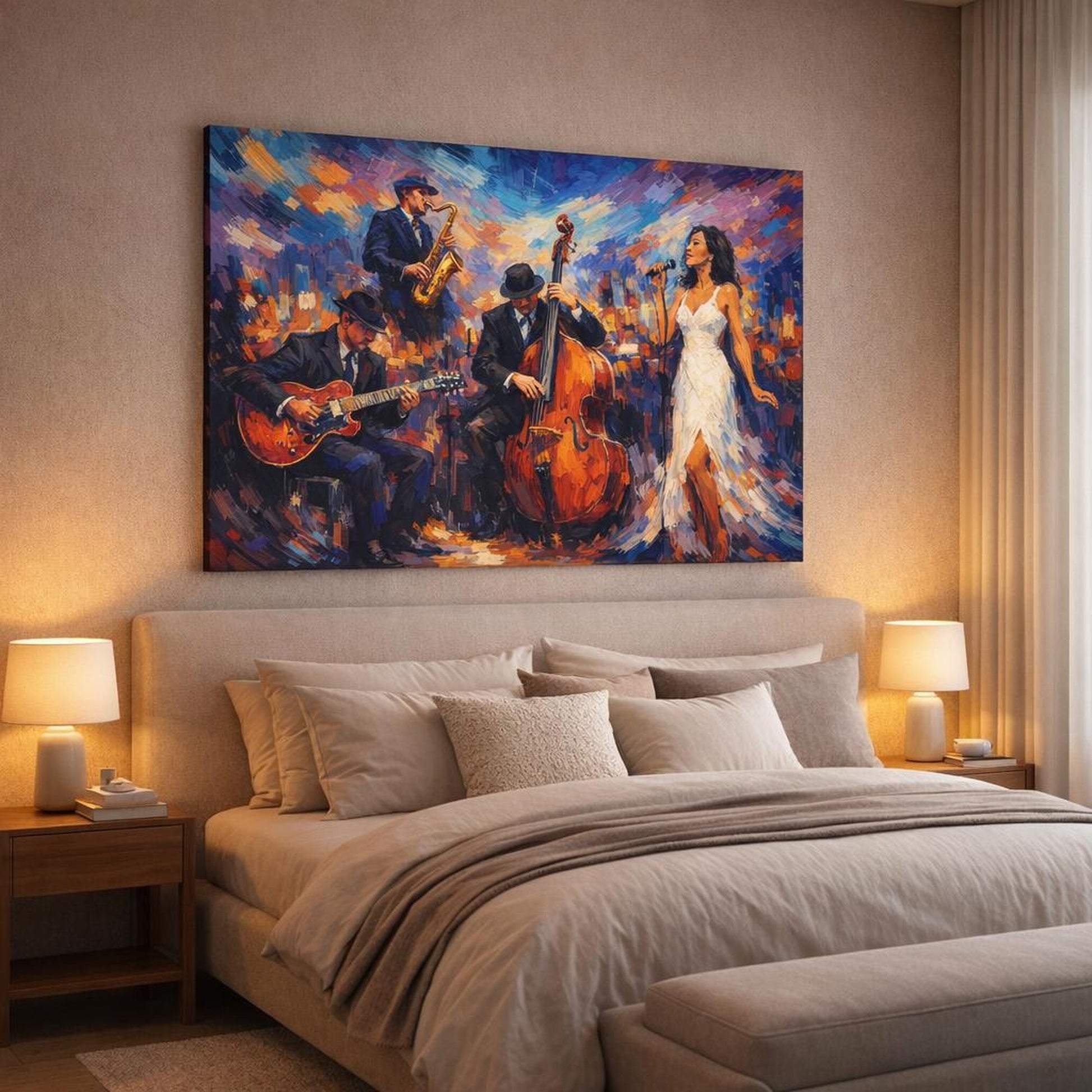 Abstract Jazz Band Colorful Jazz Scene shown as canvas wall art in a luxury bedroom