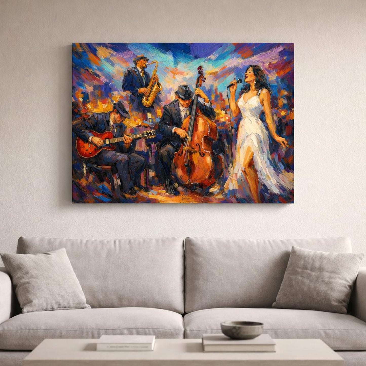 Abstract Jazz Band Colorful Jazz Scene shown as canvas wall art in a luxury executive office