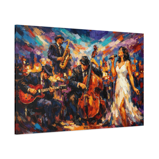 Abstract Jazz Band Colorful Jazz Scene shown as stretched canvas wall art