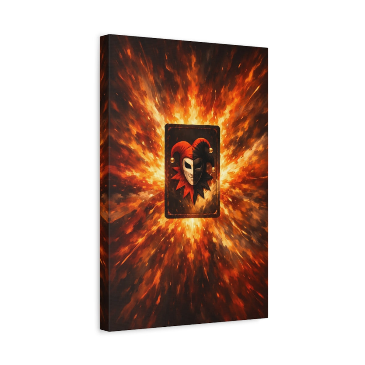 Side Mockup 4. Abstract Jester Mask Orange And Black Jester shown as stretched canvas wall art