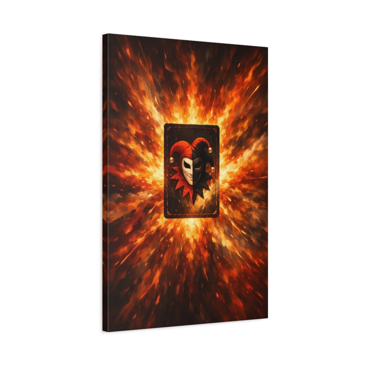 Side Mockup 2. Abstract Jester Mask Orange And Black Jester shown as stretched canvas wall art