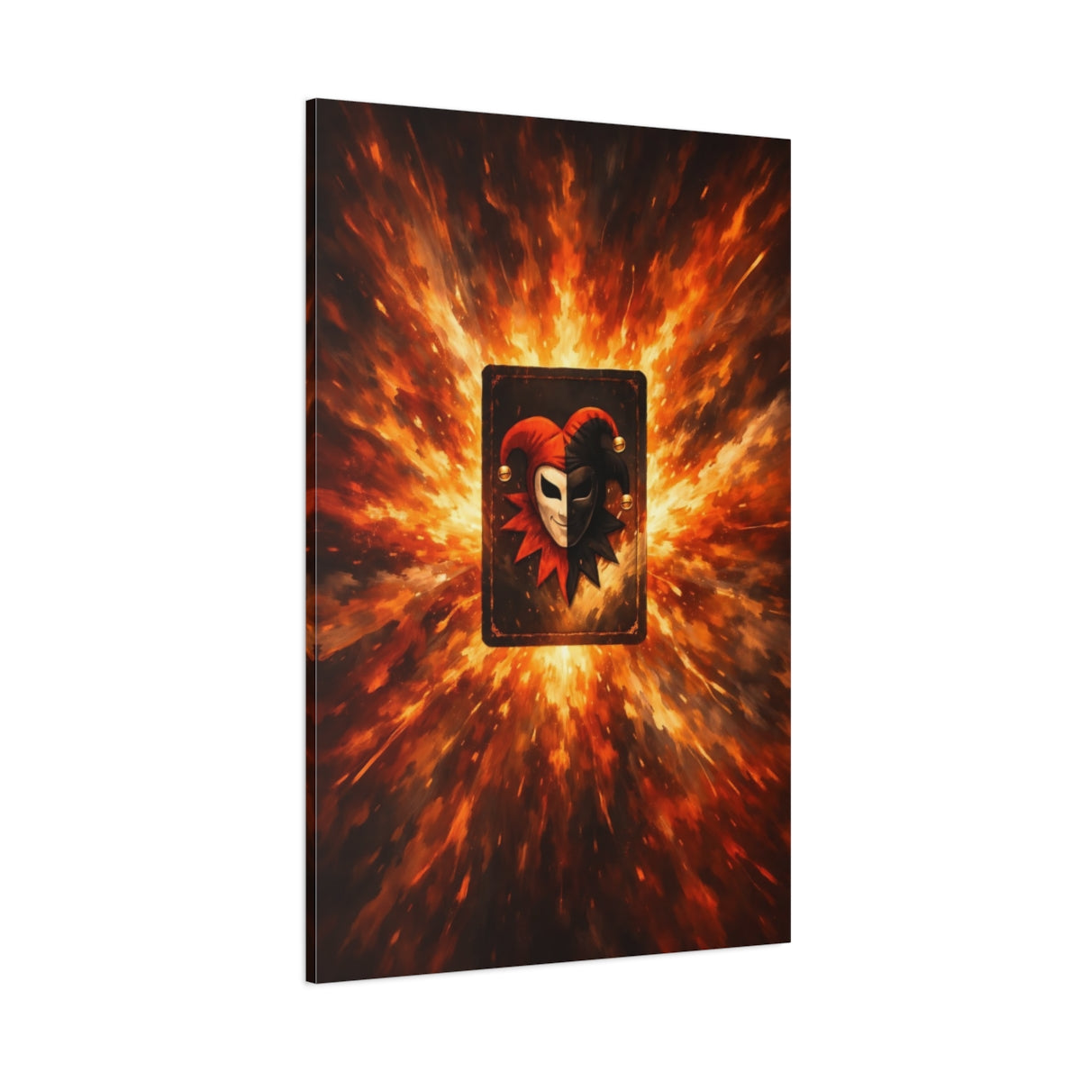 Main Mockup. Abstract Jester Mask Orange And Black Jester shown as stretched canvas wall art