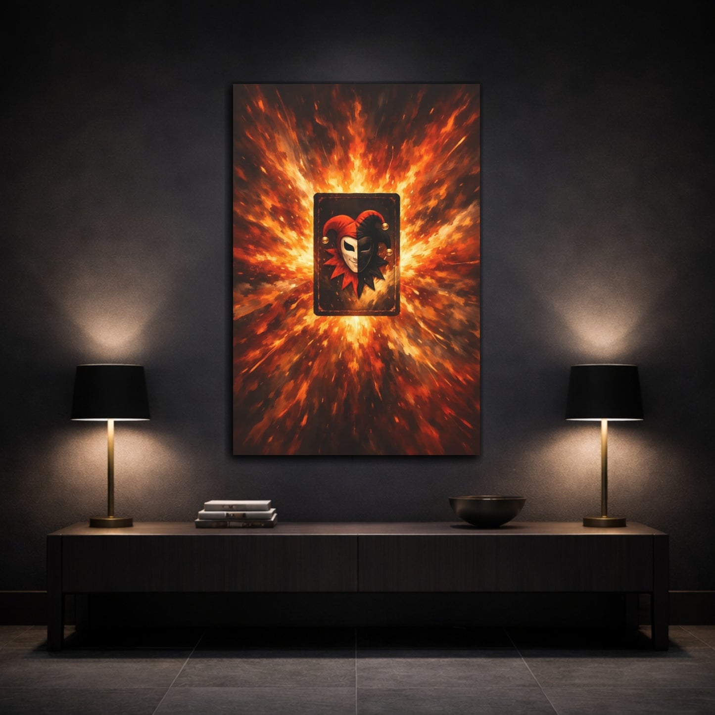 Mockup 2. Abstract Jester Mask Orange And Black Jester shown as stretched canvas wall art