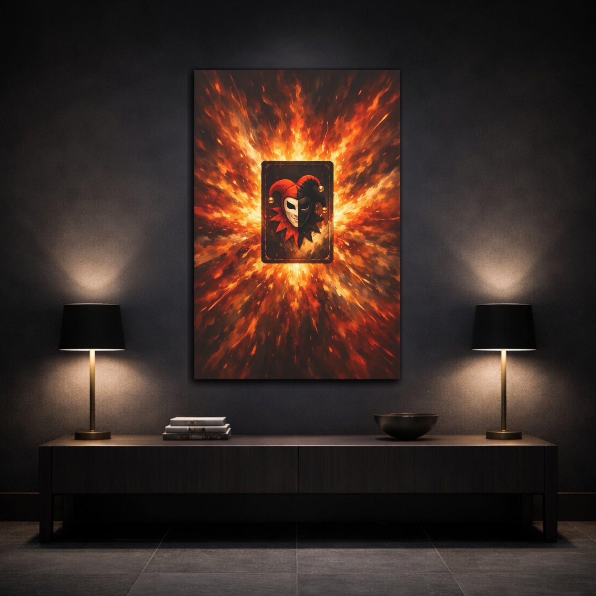 Mockup 2. Abstract Jester Mask Orange And Black Jester shown as stretched canvas wall art