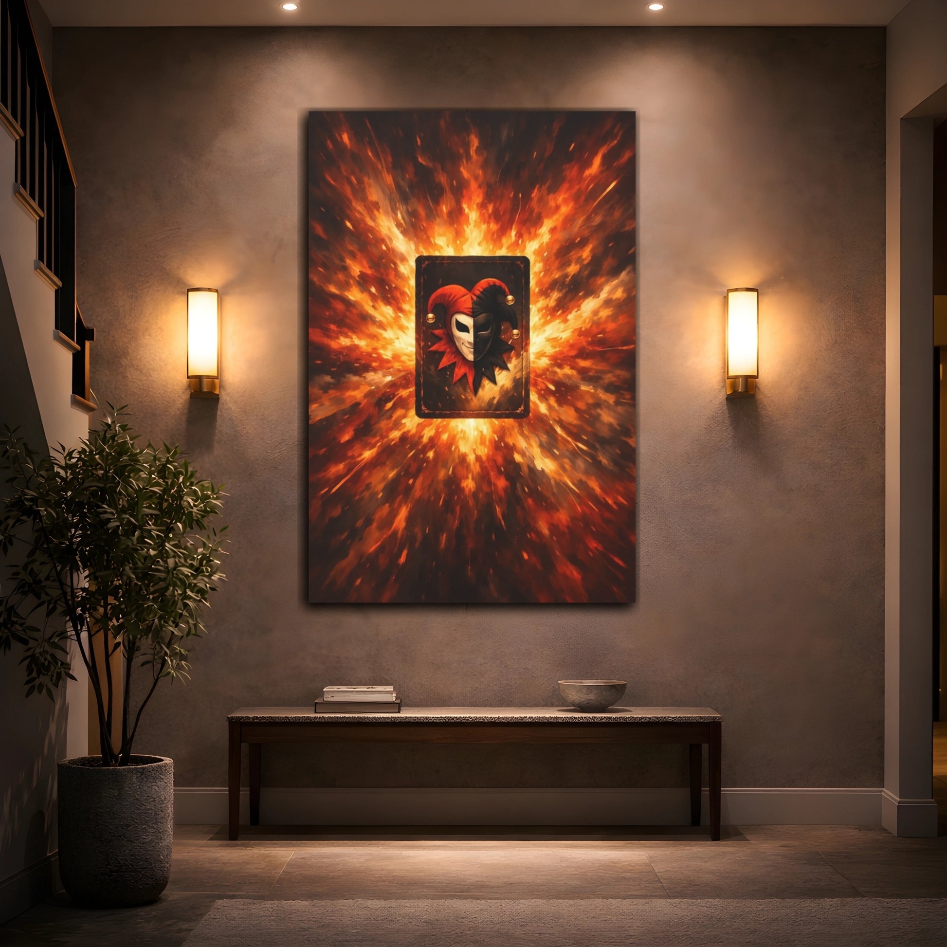 Mockup 3. Abstract Jester Mask Orange And Black Jester shown as stretched canvas wall art