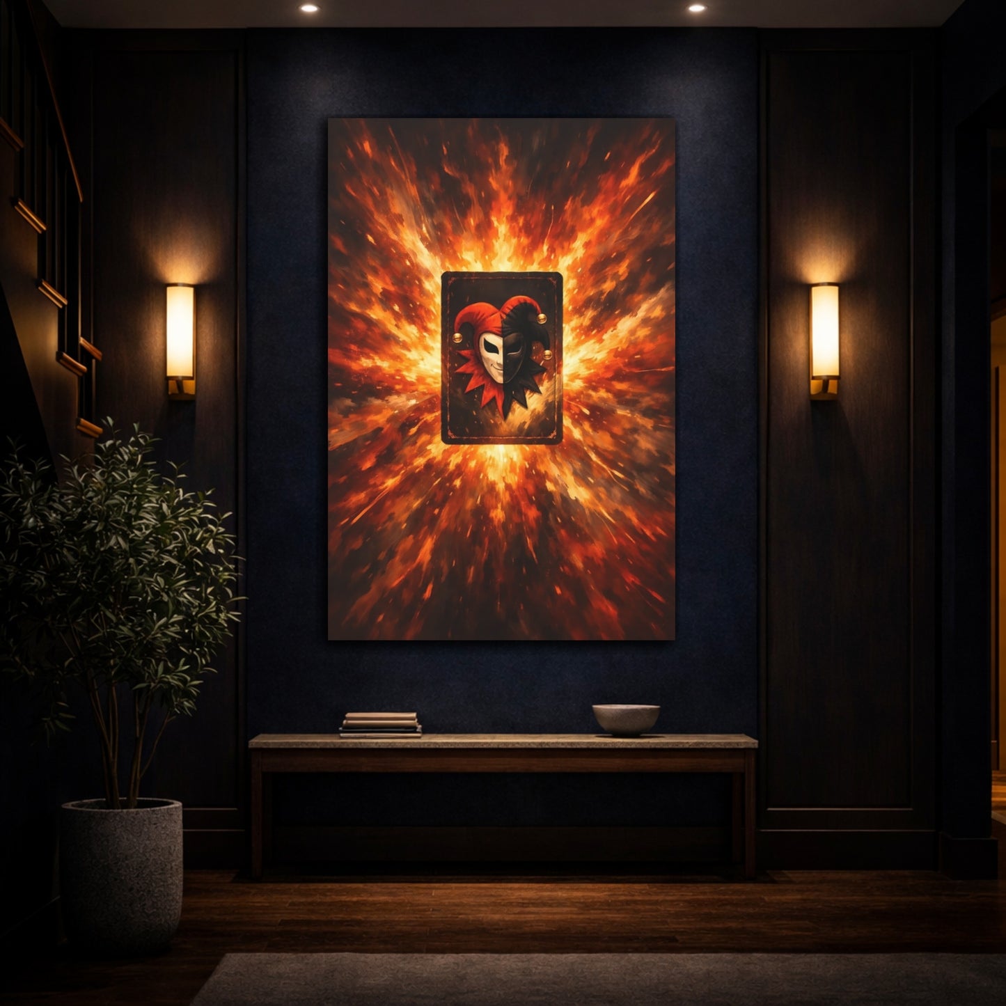 Mockup 4. Abstract Jester Mask Orange And Black Jester shown as stretched canvas wall art