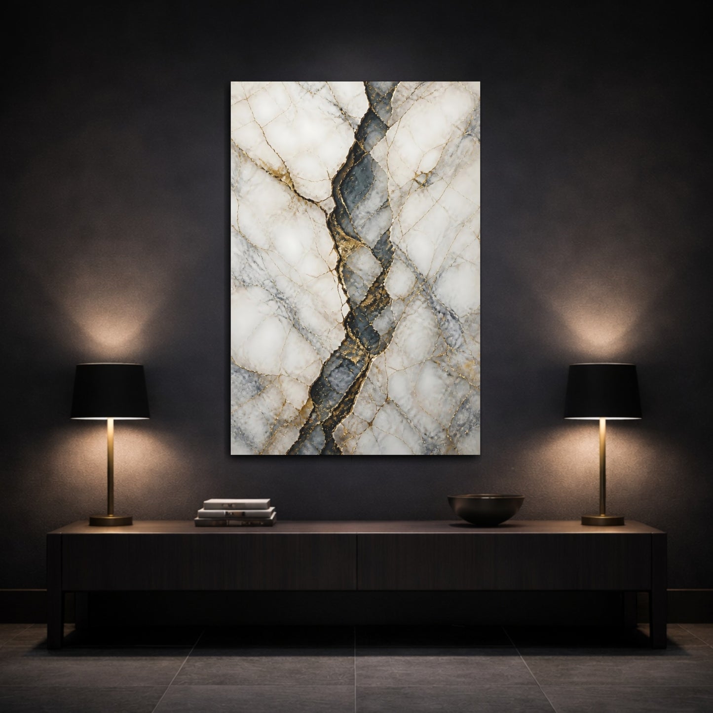 Mockup 3. Abstract Kintsugi Art Kintsugi Gold shown as stretched canvas wall art