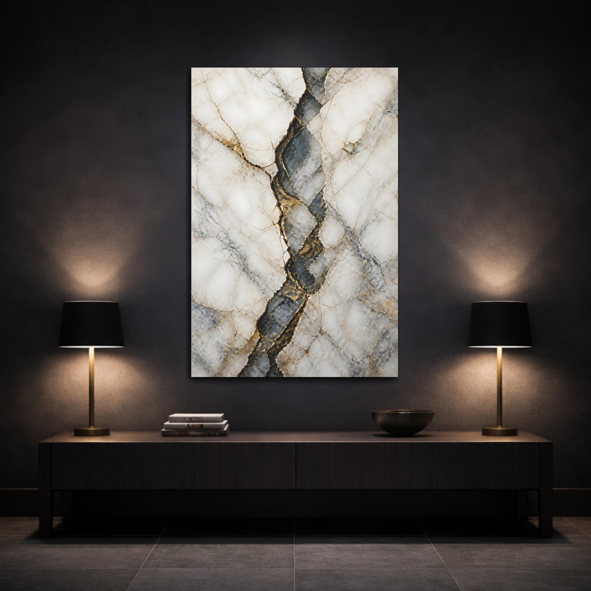 Mockup 3. Abstract Kintsugi Art Kintsugi Gold shown as stretched canvas wall art