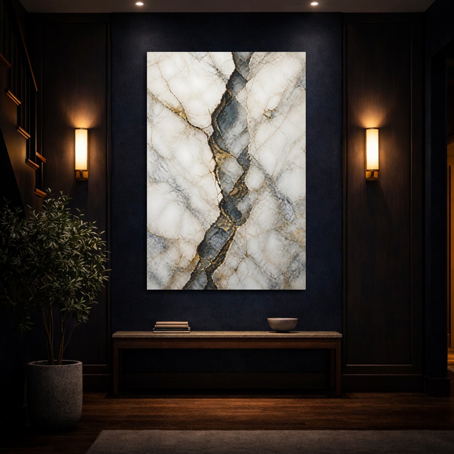 Mockup 4. Abstract Kintsugi Art Kintsugi Gold shown as stretched canvas wall art