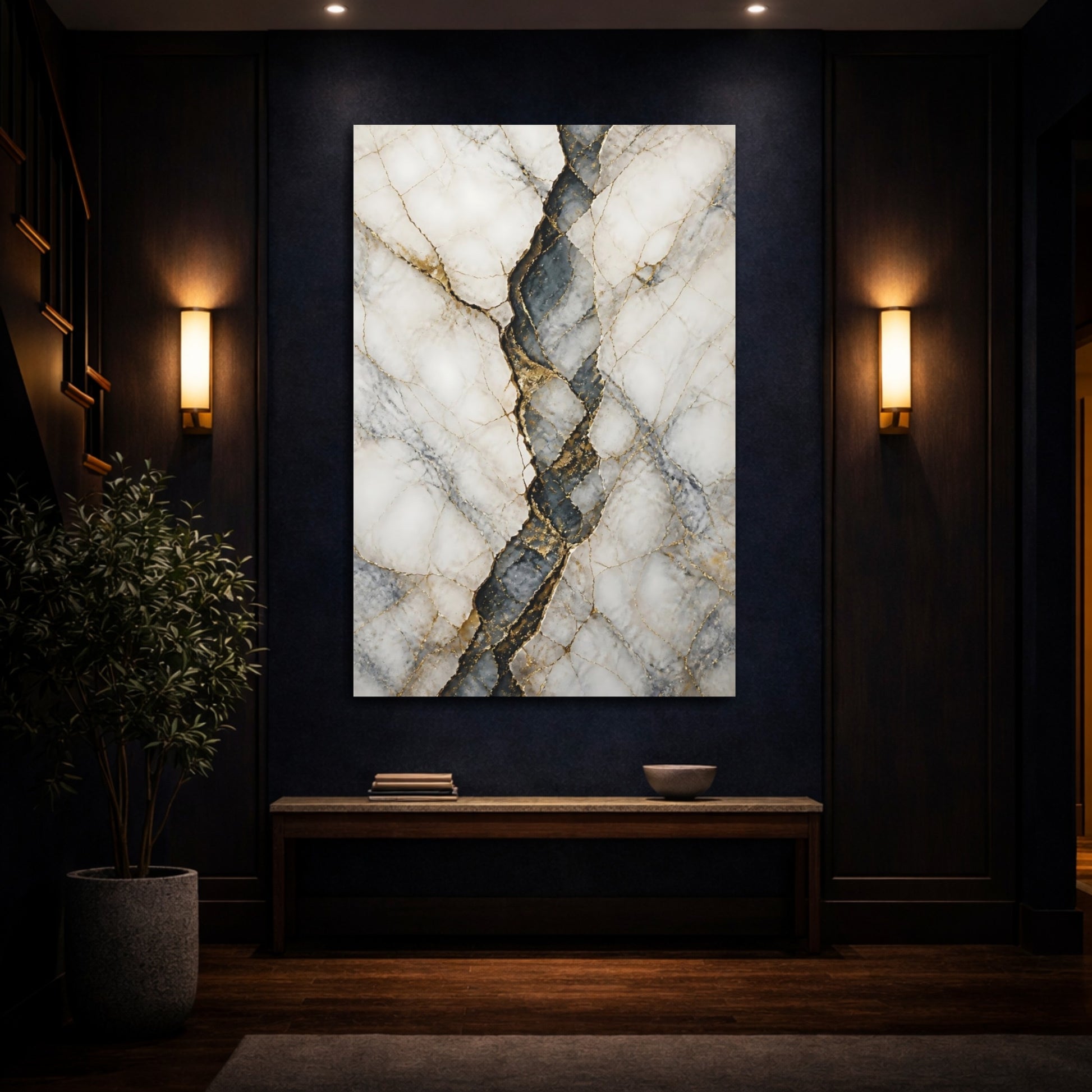 Mockup 4. Abstract Kintsugi Art Kintsugi Gold shown as stretched canvas wall art