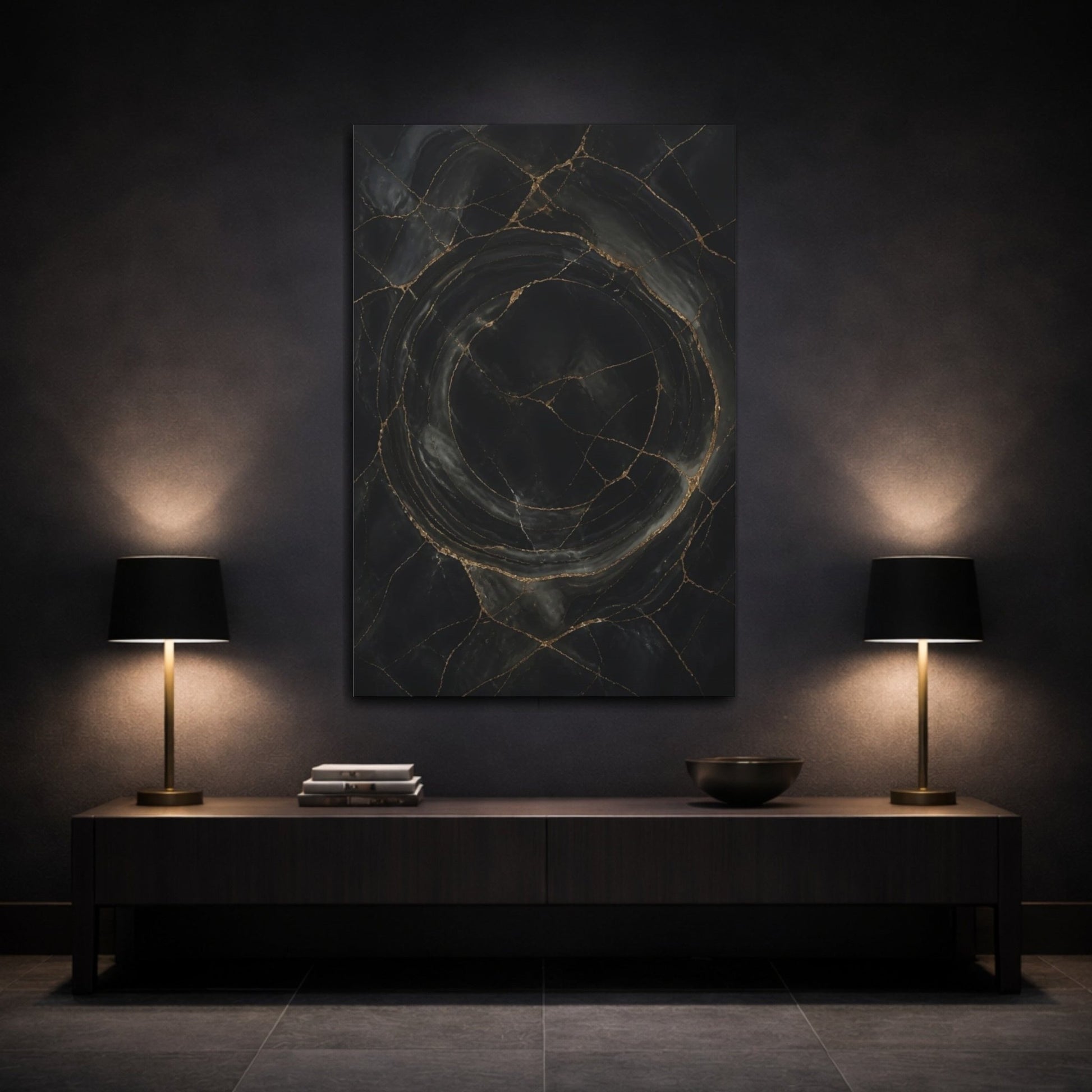 Abstract Kintsugi Marble Black Gold Canvas Print – Living Room, Above Fireplace - YesArtYes