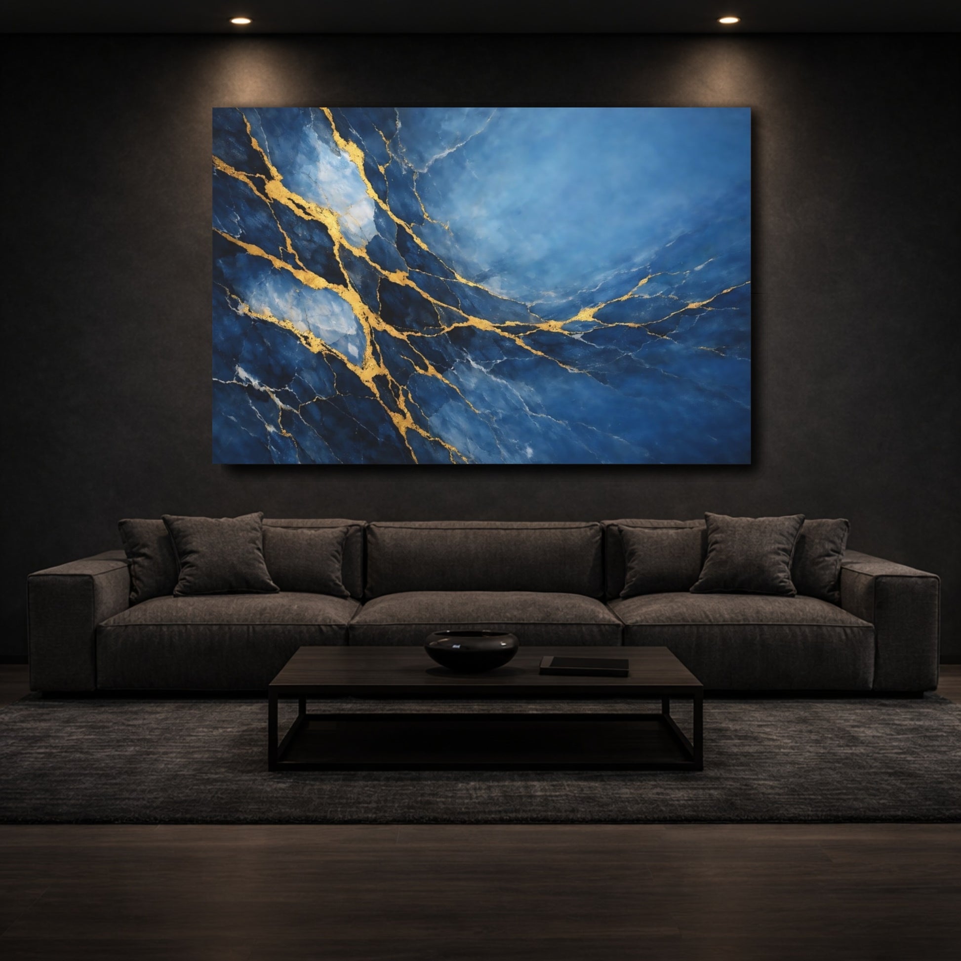 Mockup 2. Abstract Kintsugi Pattern Blue Gold Abstract shown as stretched canvas wall art