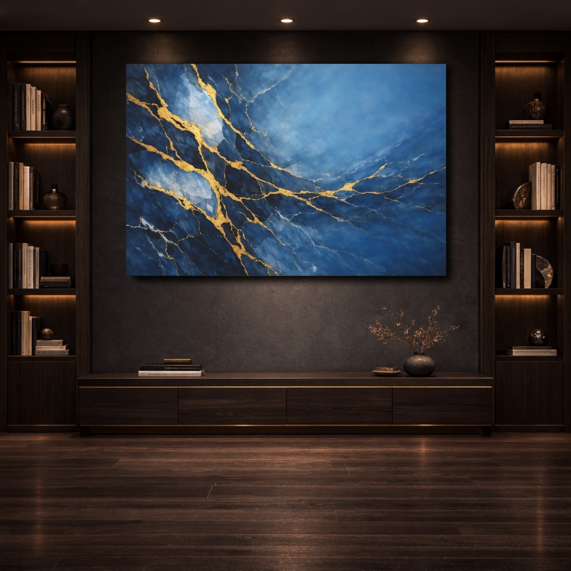 Mockup 3. Abstract Kintsugi Pattern Blue Gold Abstract shown as stretched canvas wall art
