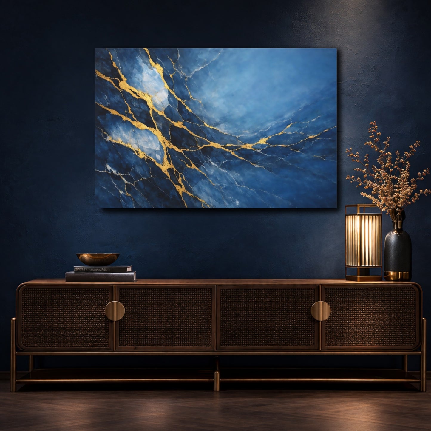 Mockup 4. Abstract Kintsugi Pattern Blue Gold Abstract shown as stretched canvas wall art