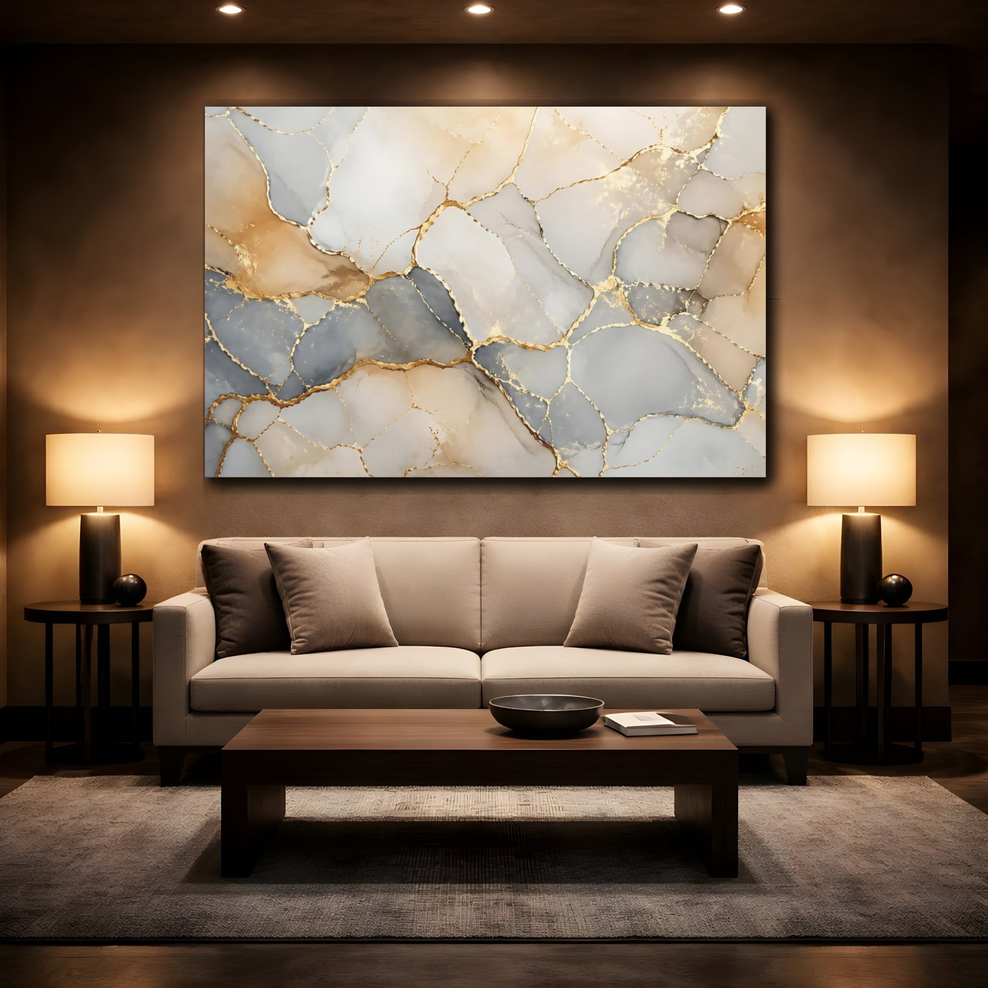 Mockup 2. Abstract Kintsugi Pattern Gold And Gray shown as stretched canvas wall art