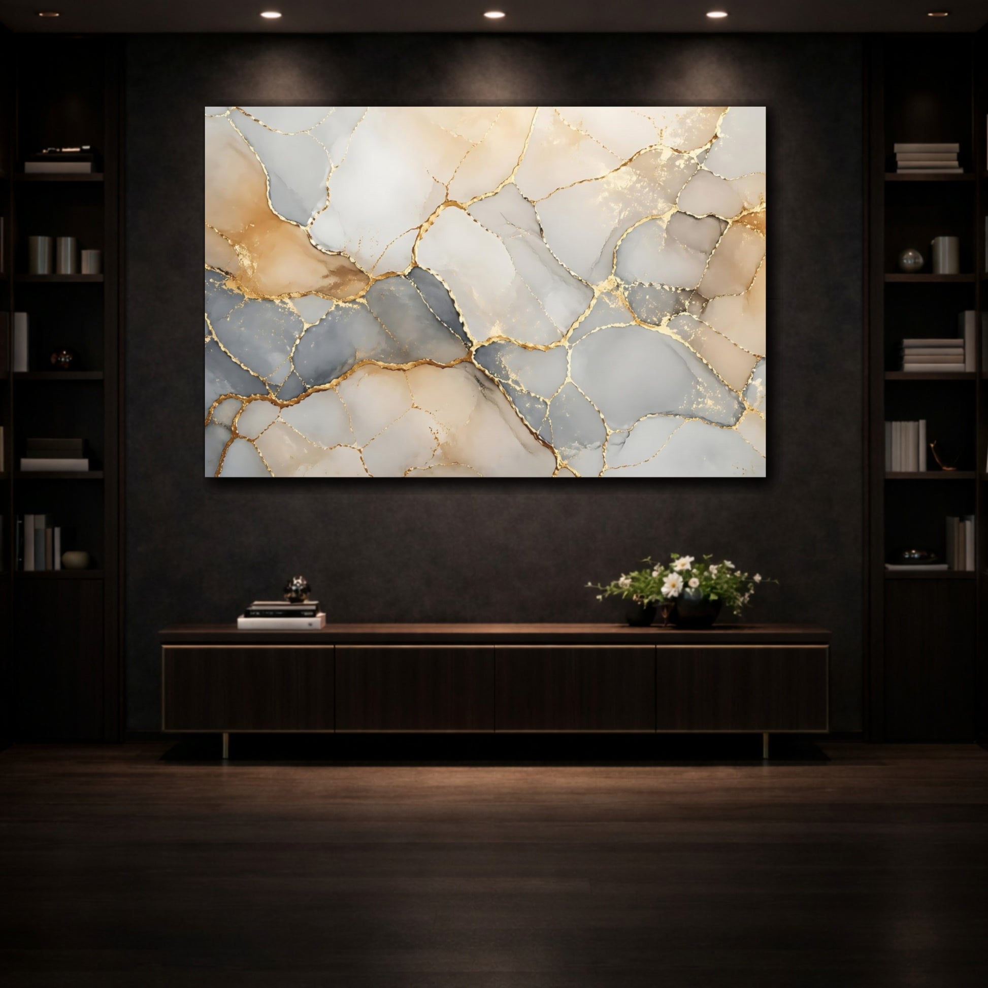 Mockup 3. Abstract Kintsugi Pattern Gold And Gray shown as stretched canvas wall art