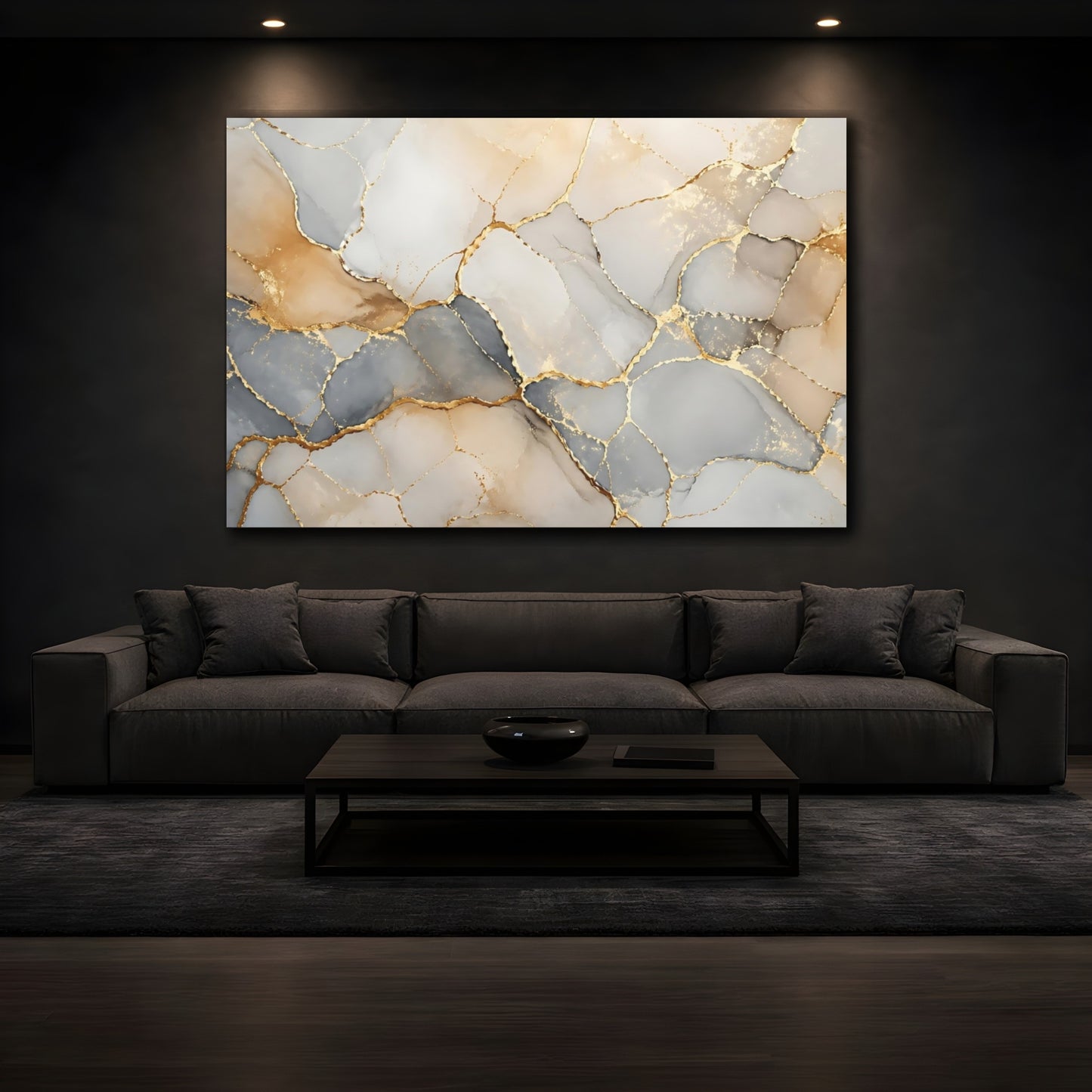 Mockup 4. Abstract Kintsugi Pattern Gold And Gray shown as stretched canvas wall art