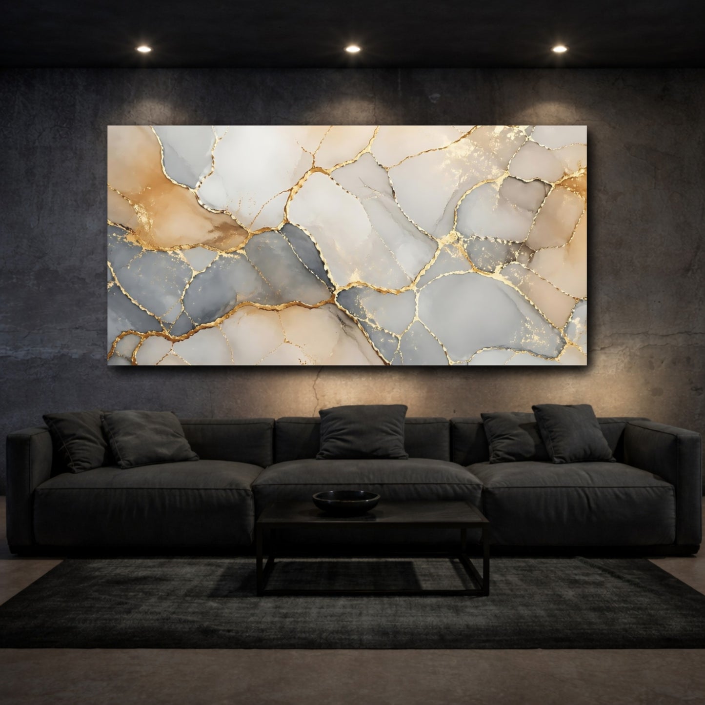 Mockup 2. Abstract Kintsugi Pattern Gold Gray Abstract shown as stretched canvas wall art
