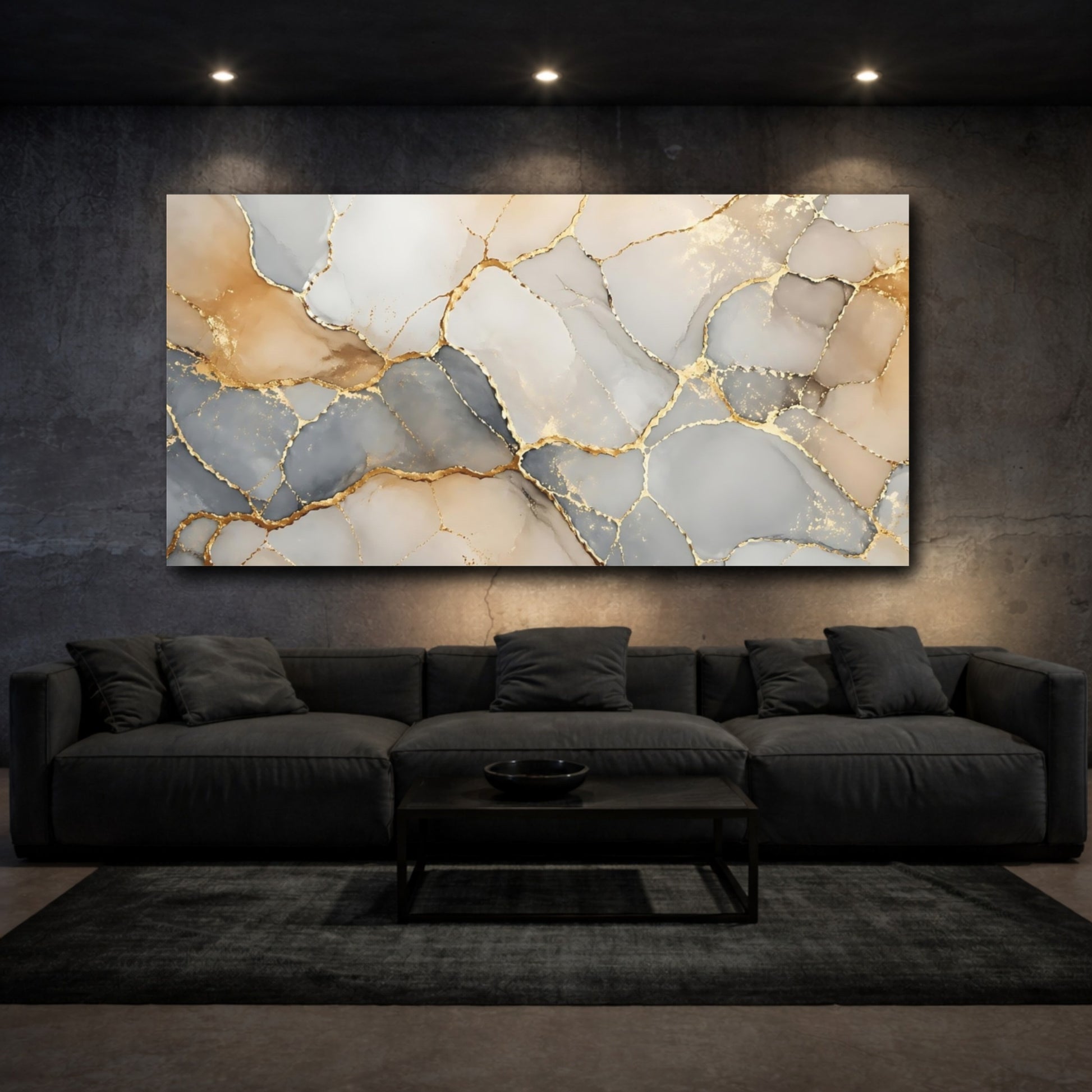 Mockup 2. Abstract Kintsugi Pattern Gold Gray Abstract shown as stretched canvas wall art