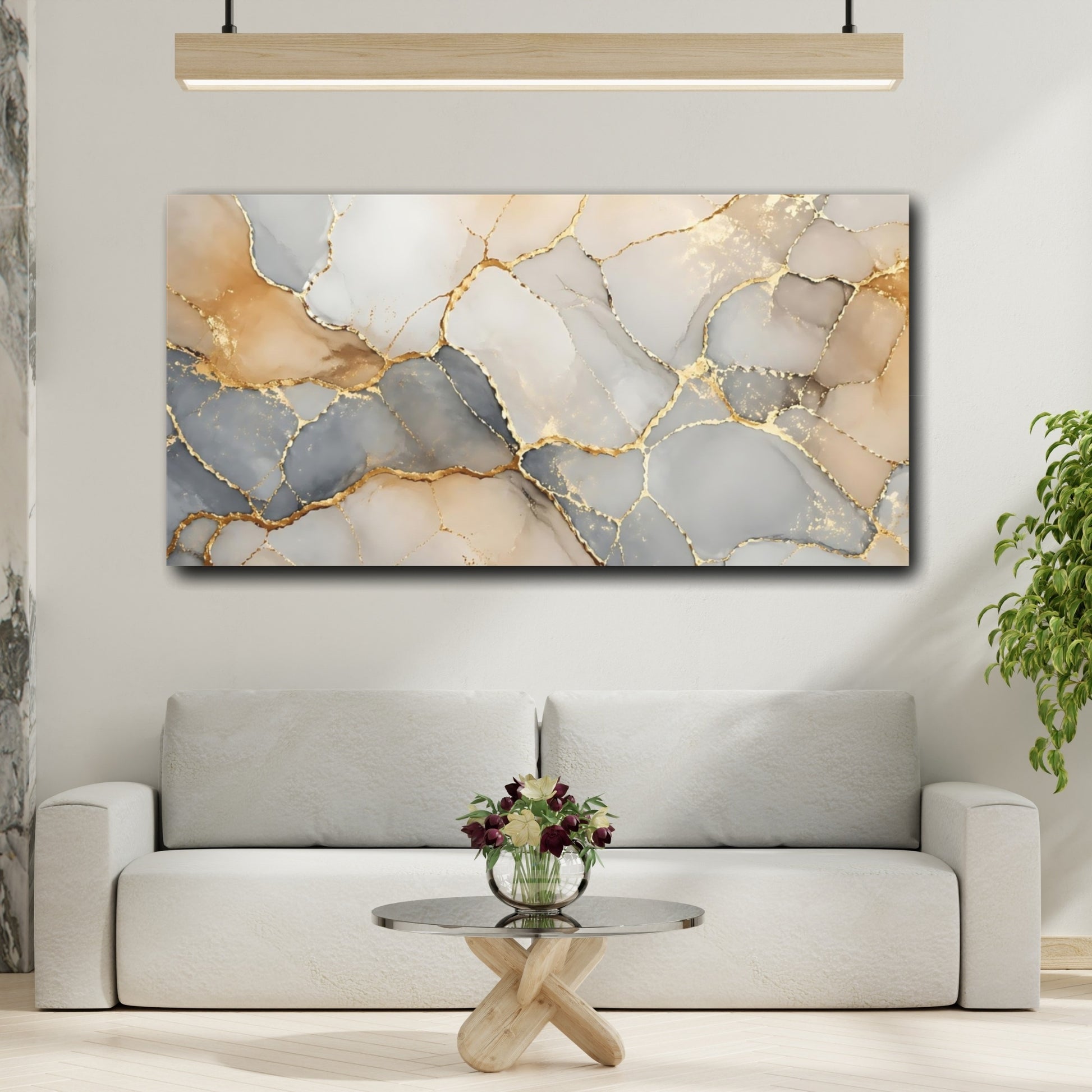 Mockup 3. Abstract Kintsugi Pattern Gold Gray Abstract shown as stretched canvas wall art