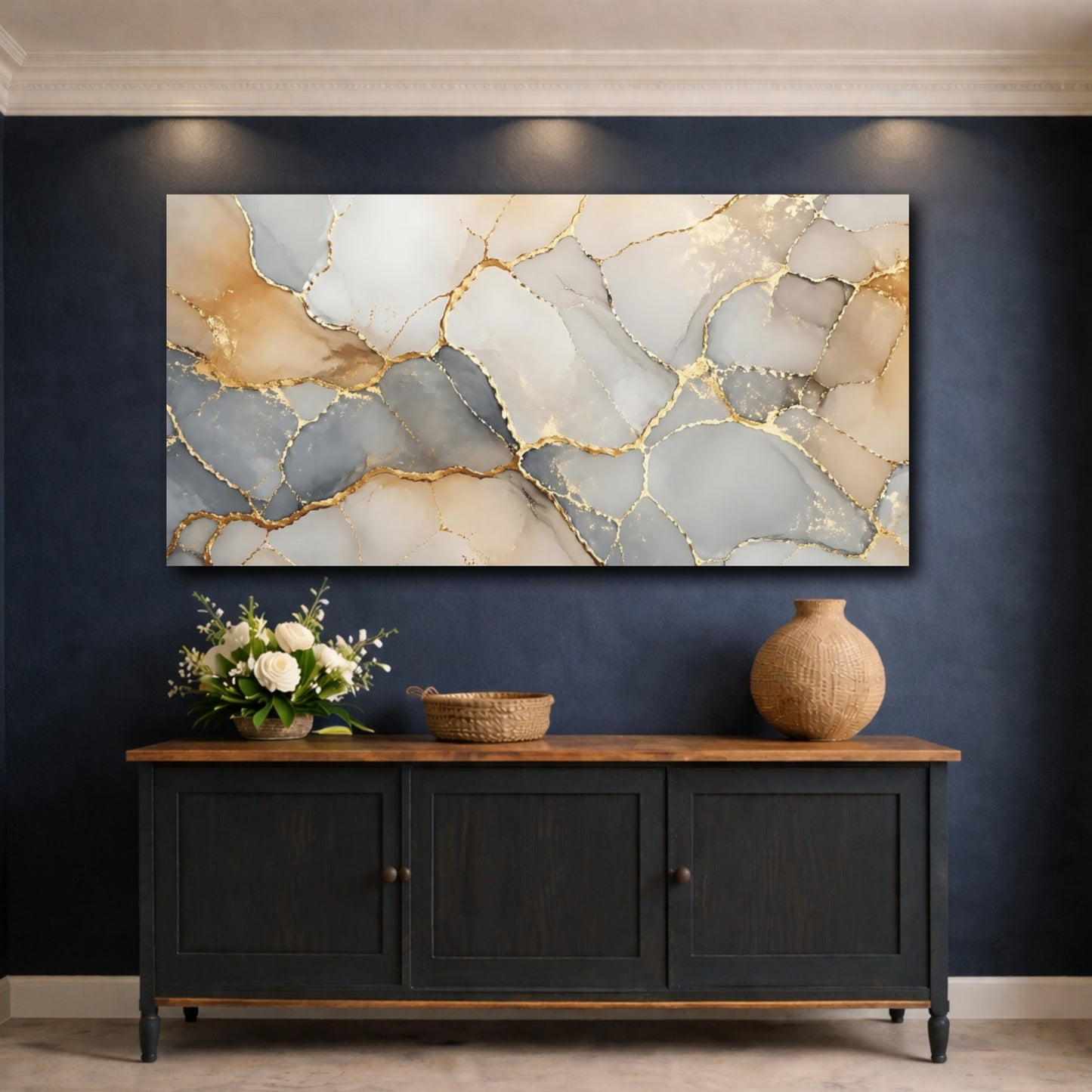 Mockup 4. Abstract Kintsugi Pattern Gold Gray Abstract shown as stretched canvas wall art