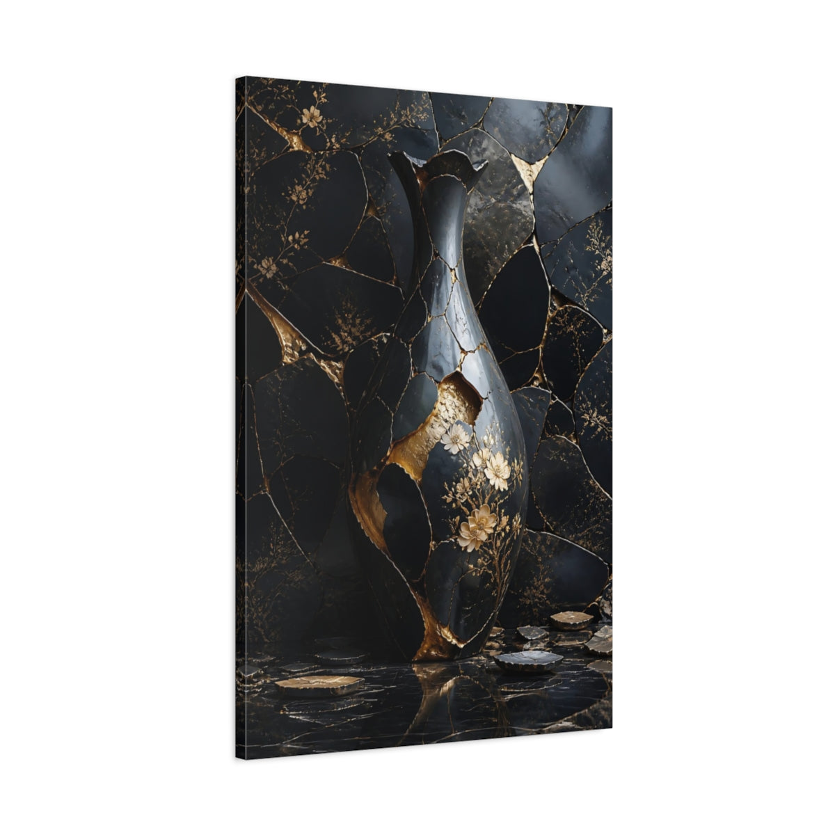 Main Mockup. Abstract Kintsugi Vase Black And Gold shown as stretched canvas wall art