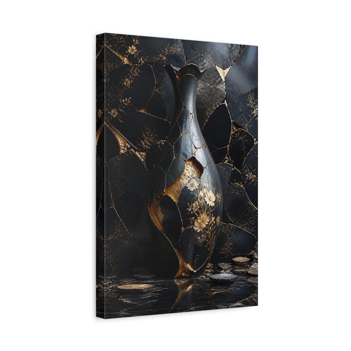 Side Mockup 4. Abstract Kintsugi Vase Black And Gold shown as stretched canvas wall art