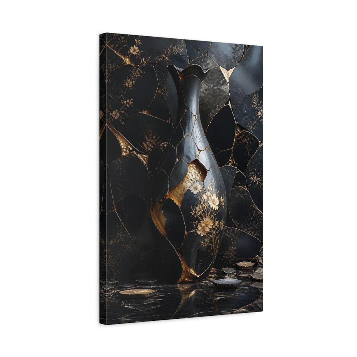 Side Mockup 3. Abstract Kintsugi Vase Black And Gold shown as stretched canvas wall art