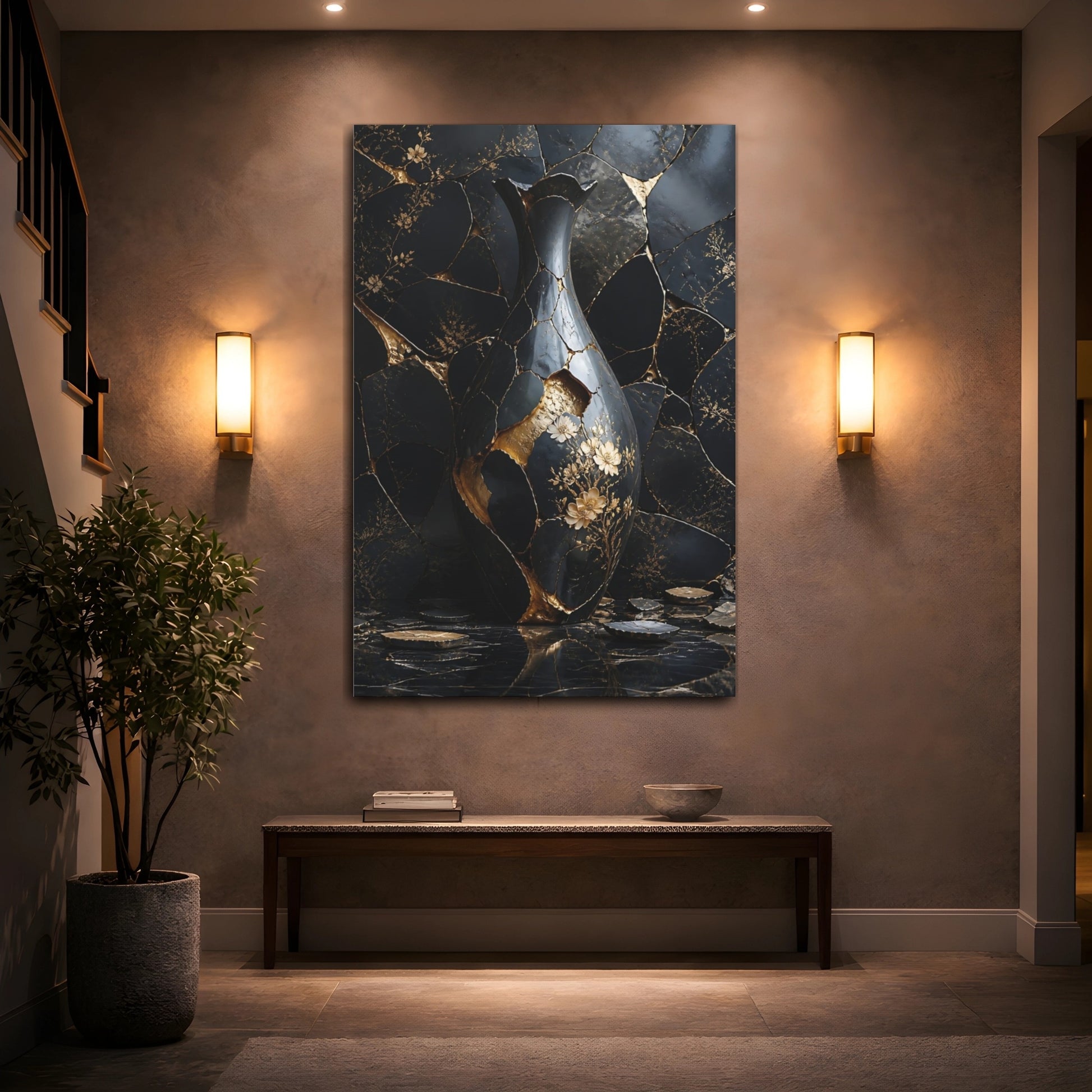 Mockup 2. Abstract Kintsugi Vase Black And Gold shown as stretched canvas wall art