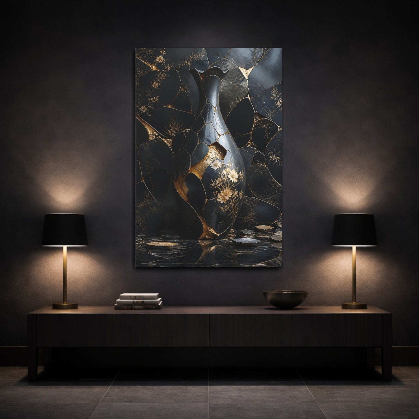 Mockup 3. Abstract Kintsugi Vase Black And Gold shown as stretched canvas wall art