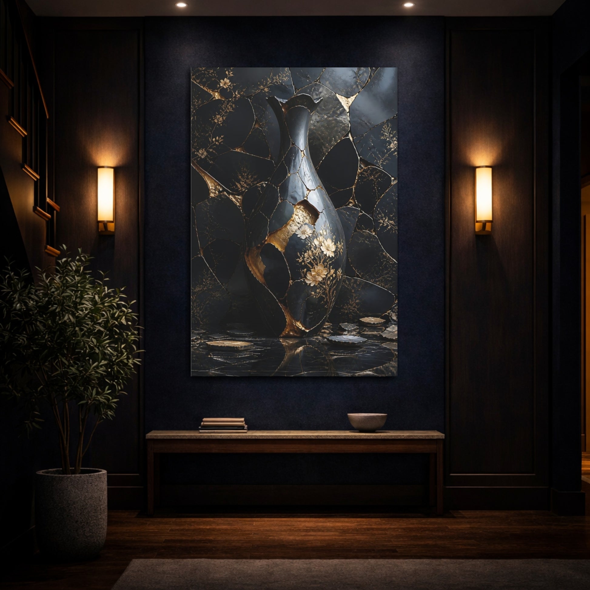 Mockup 4. Abstract Kintsugi Vase Black And Gold shown as stretched canvas wall art
