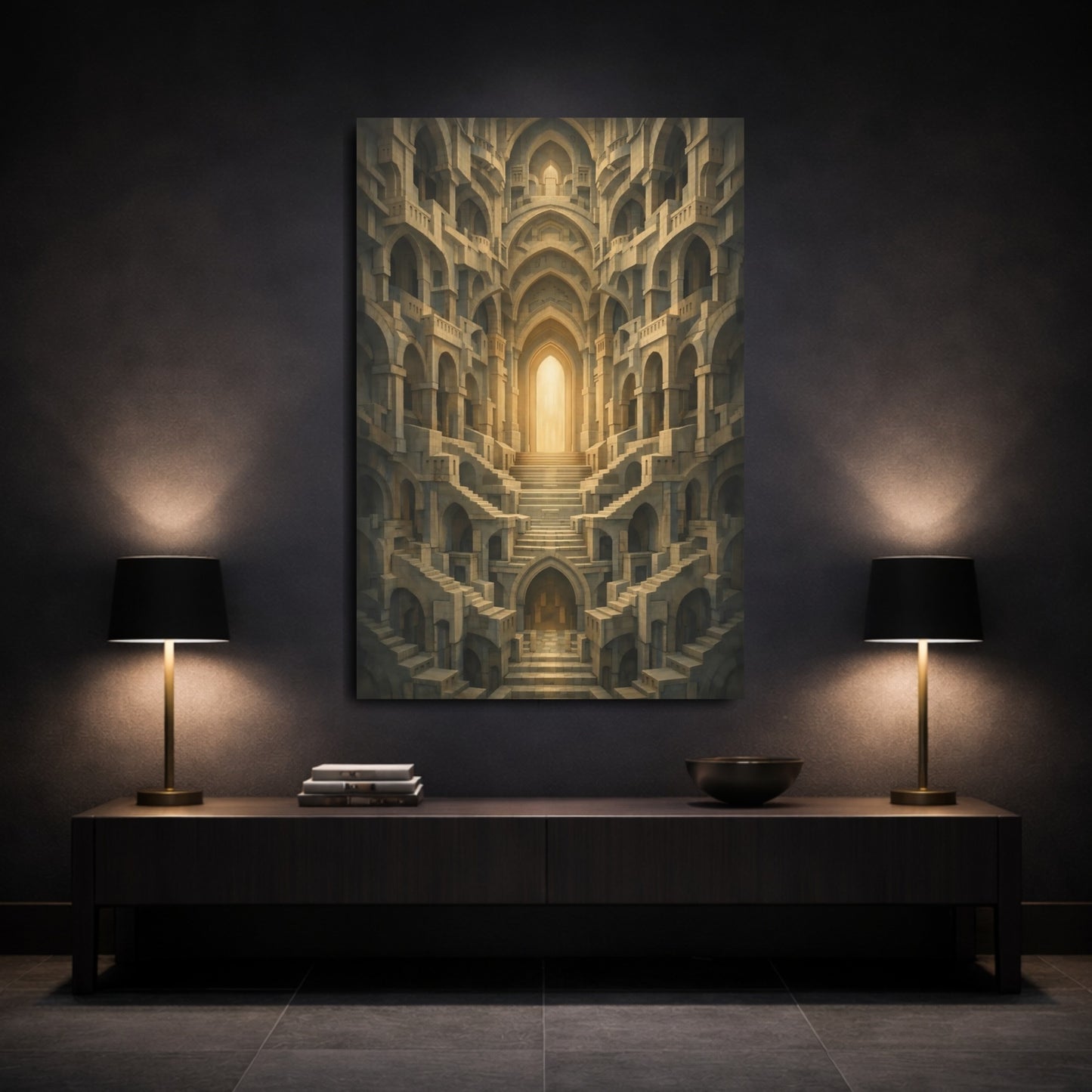 Abstract Labyrinth Stone And Gold shown as front canvas room wall art