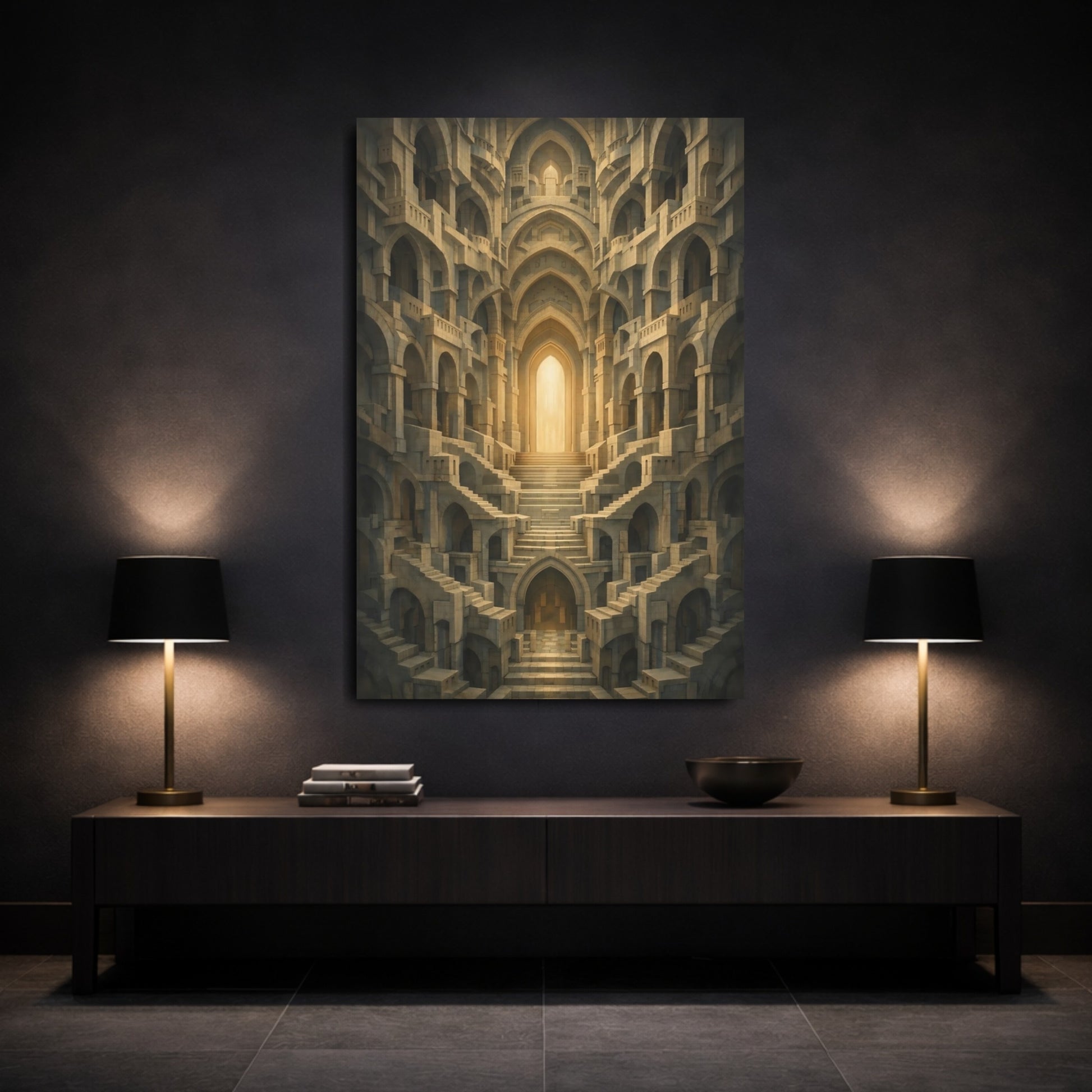 Abstract Labyrinth Stone And Gold shown as front canvas room wall art