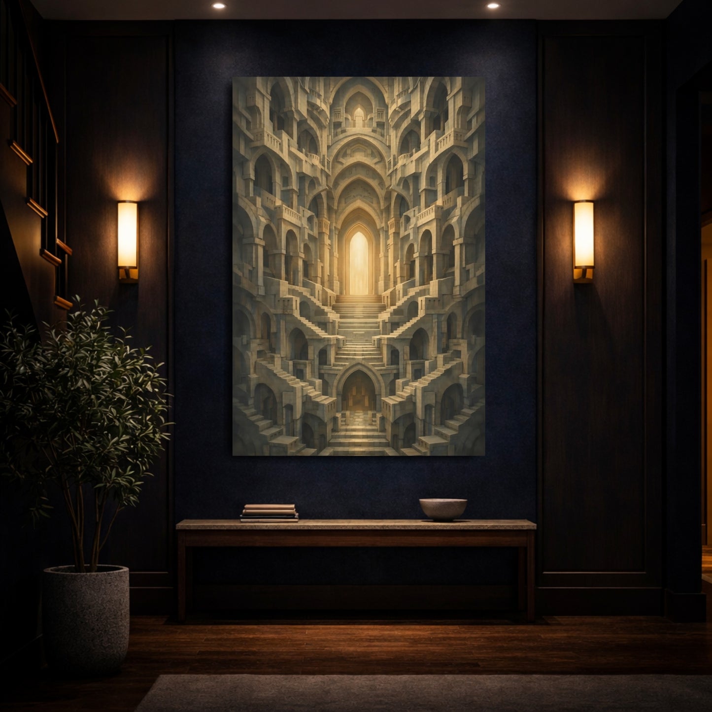 Abstract Labyrinth Stone And Gold shown as front canvas room wall art
