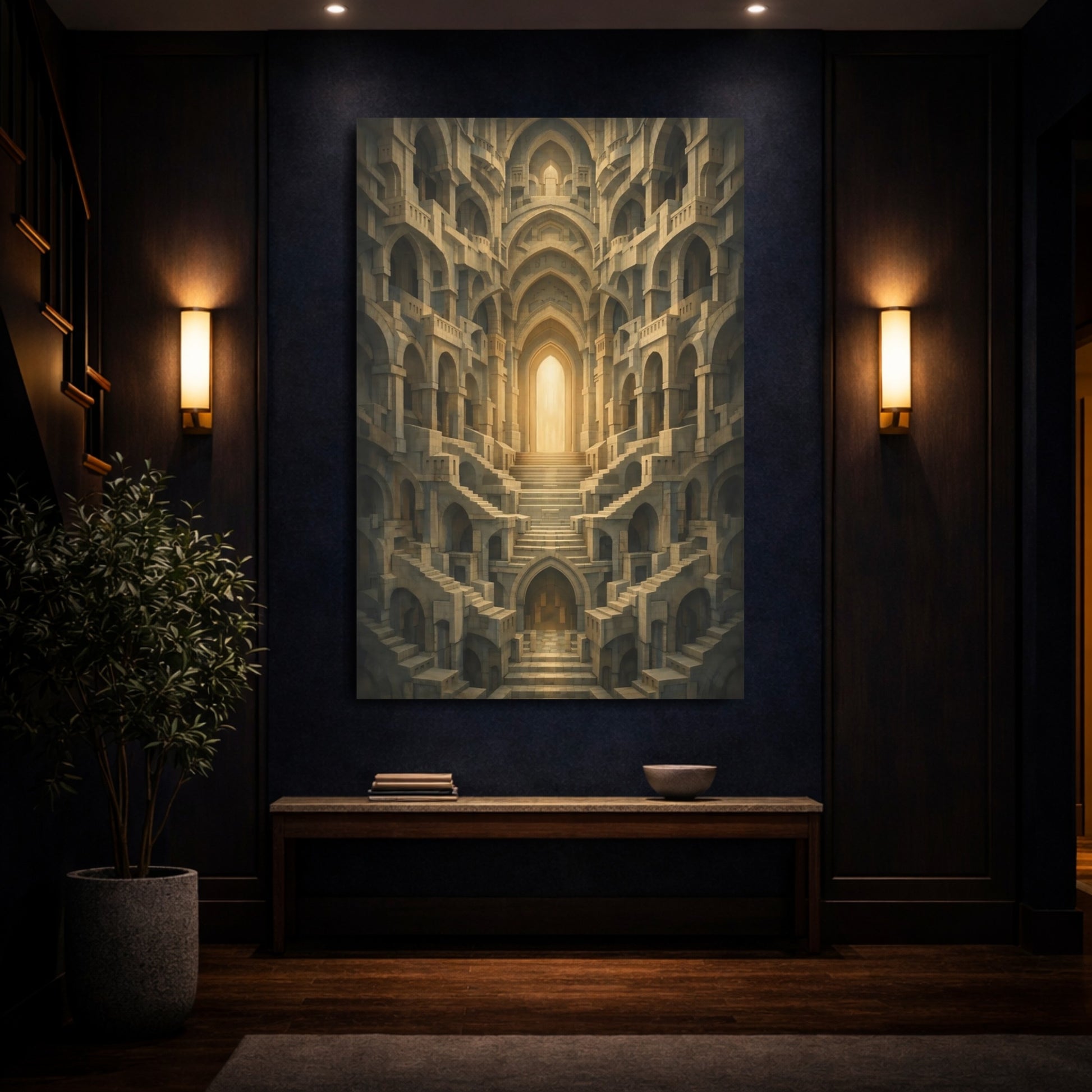 Abstract Labyrinth Stone And Gold shown as front canvas room wall art