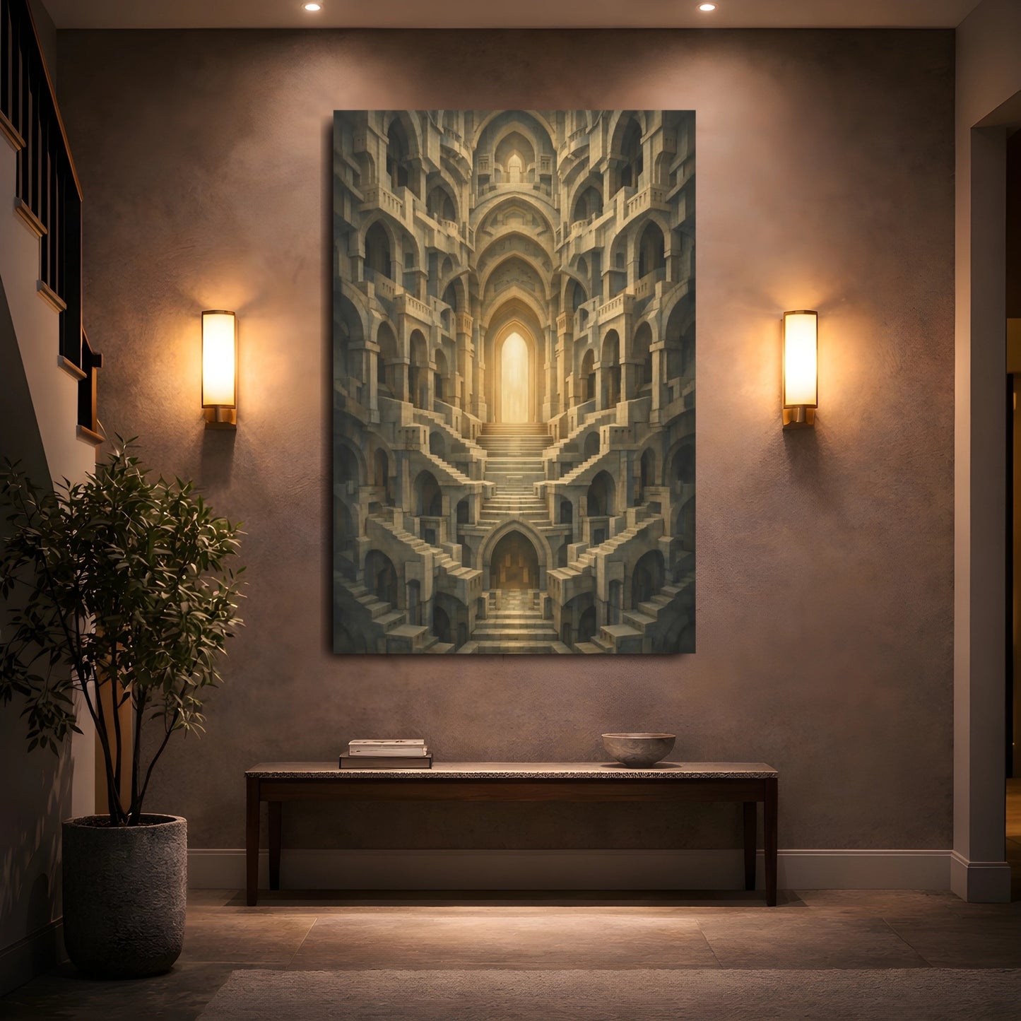 Abstract Labyrinth Stone And Gold shown as front canvas room wall art
