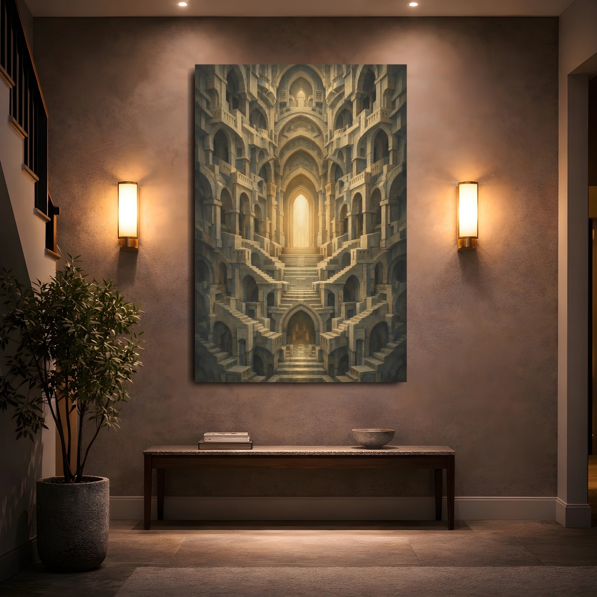 Abstract Labyrinth Stone And Gold shown as front canvas room wall art