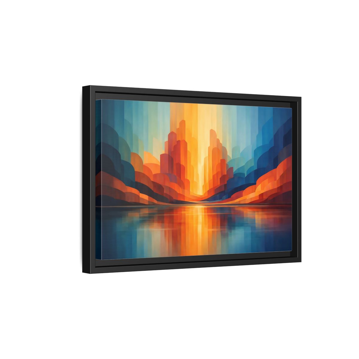 Side Mockup 6. Abstract Abstract Landscape Blue Orange Abstract shown as stretched canvas wall art