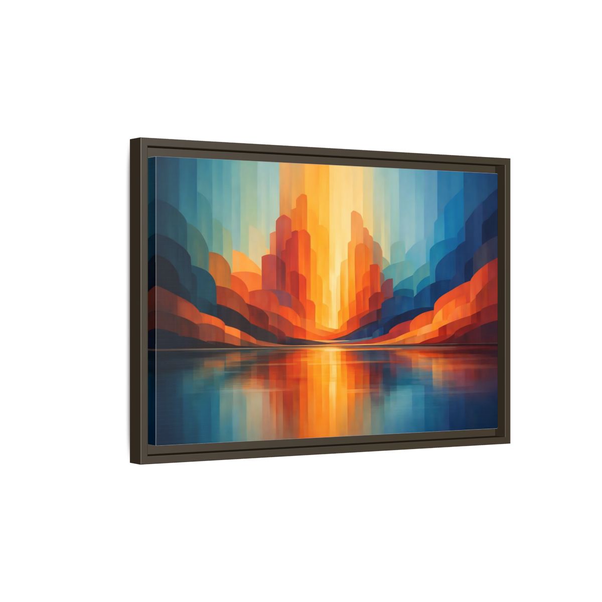 Side Mockup 2. Abstract Abstract Landscape Blue Orange Abstract shown as stretched canvas wall art