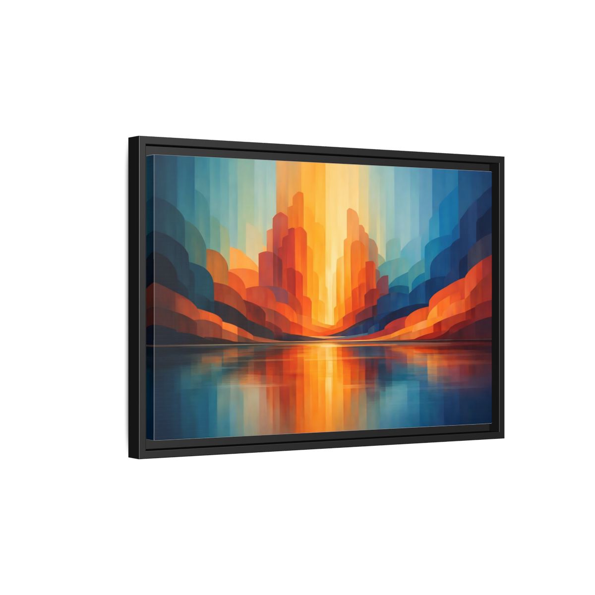 Side Mockup 3. Abstract Abstract Landscape Blue Orange Abstract shown as stretched canvas wall art
