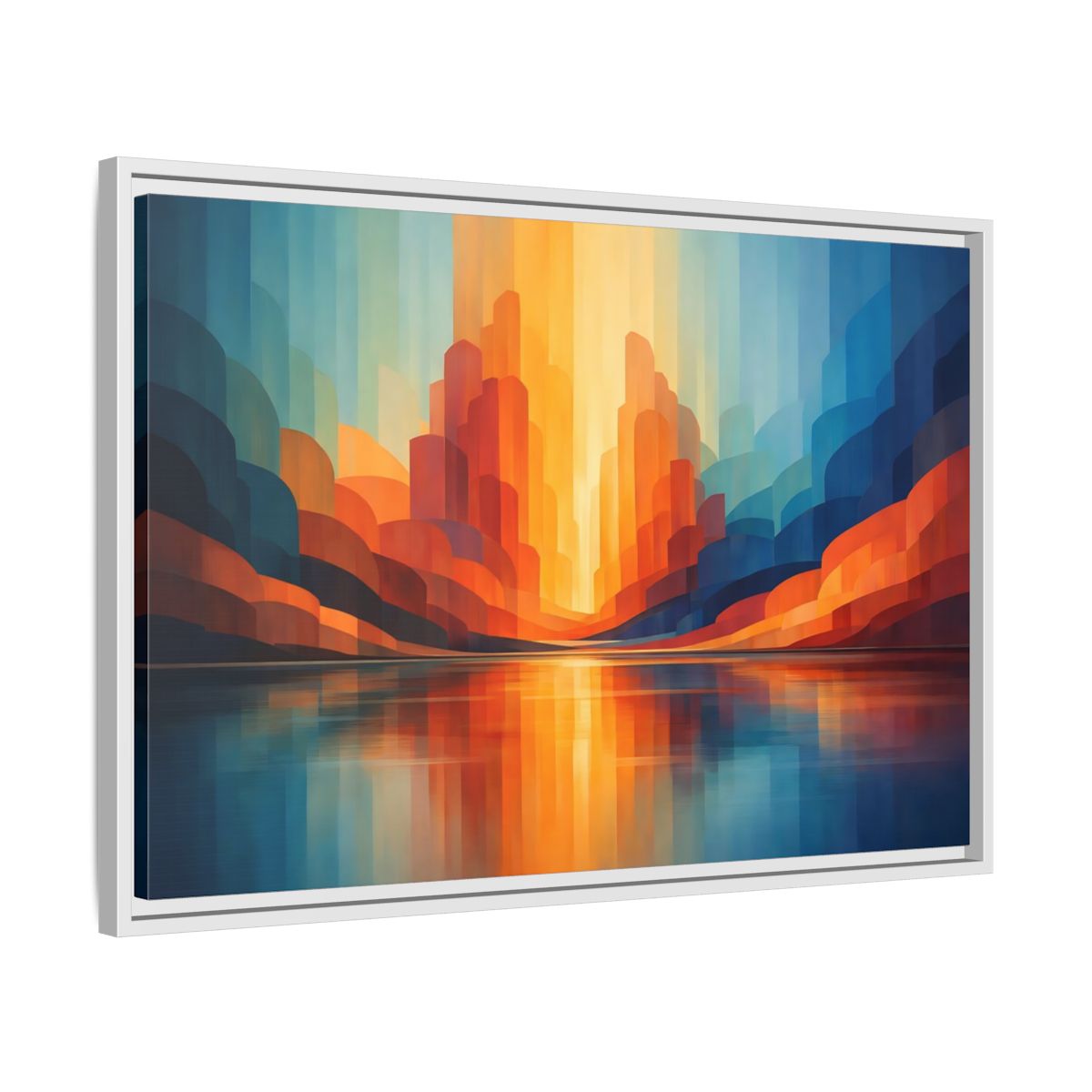 Side Mockup 10. Abstract Abstract Landscape Blue Orange Abstract shown as stretched canvas wall art